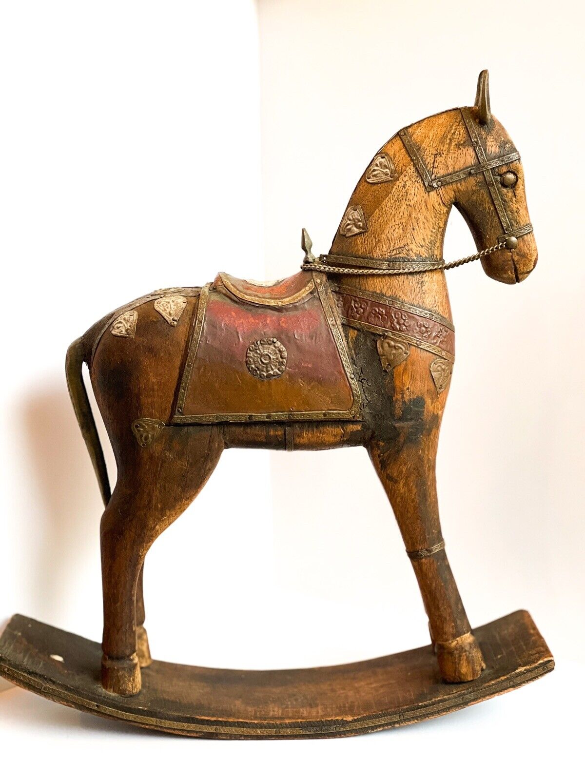 Vintage Hand Carved Asian Rocking Horse Brass And Copper Embellished