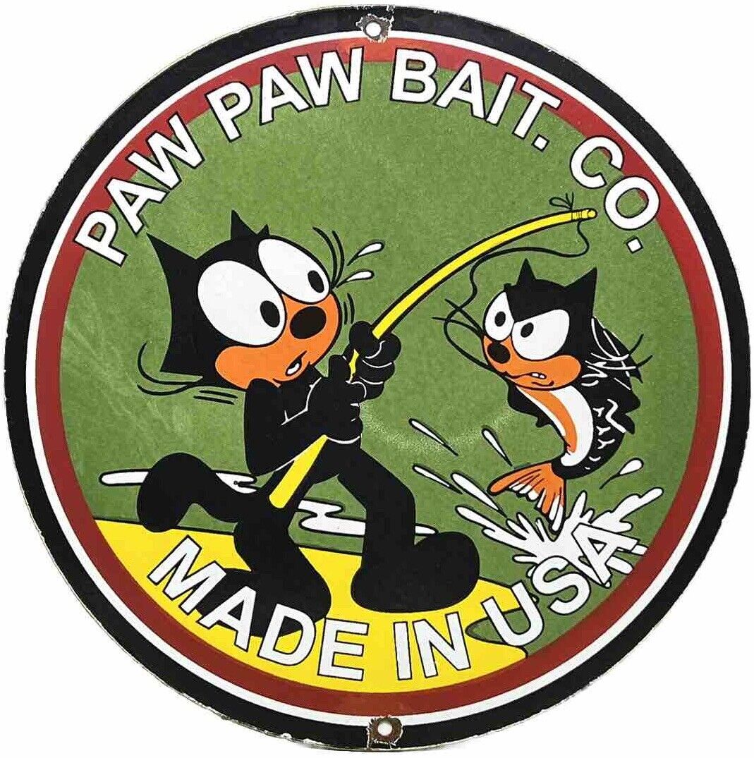 VINTAGE PAW PAW TACKLE FISHING LURES PORCELAIN SIGN GAS BAIT OUTBOARD FELIX CAT