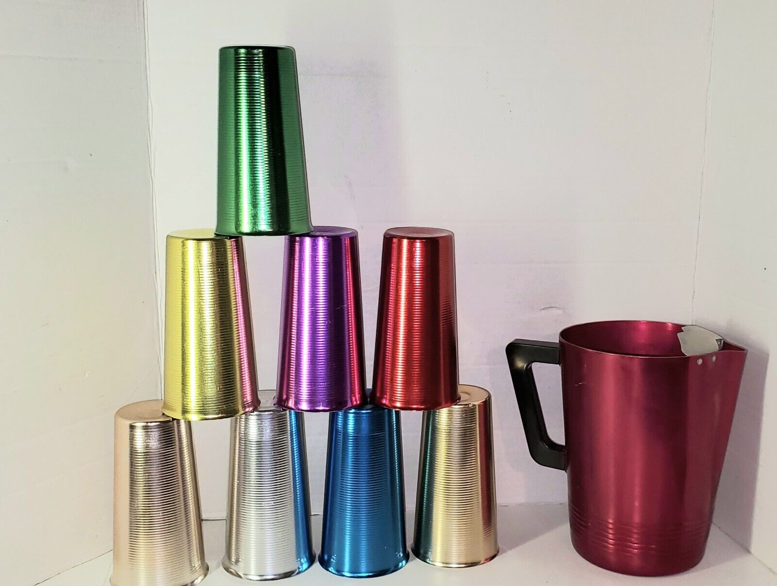 Vintage Regal Hostess Aluminum  Pitcher, Colorama 8 Colorful Cups Made In Italy