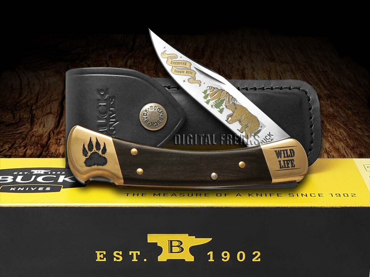 Buck 110 Wild Life Series Bear Folding Hunter Knife Ebony Wood 420HC Stainless