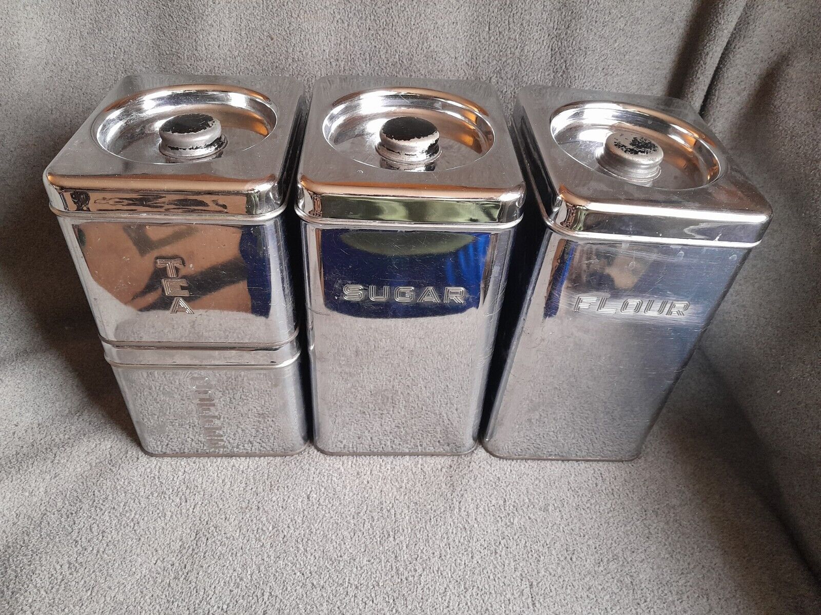 Vintage MCM 1950’s 4 PC Lincoln Beautyware Chrome Canister Set Coffee Tea Sugar