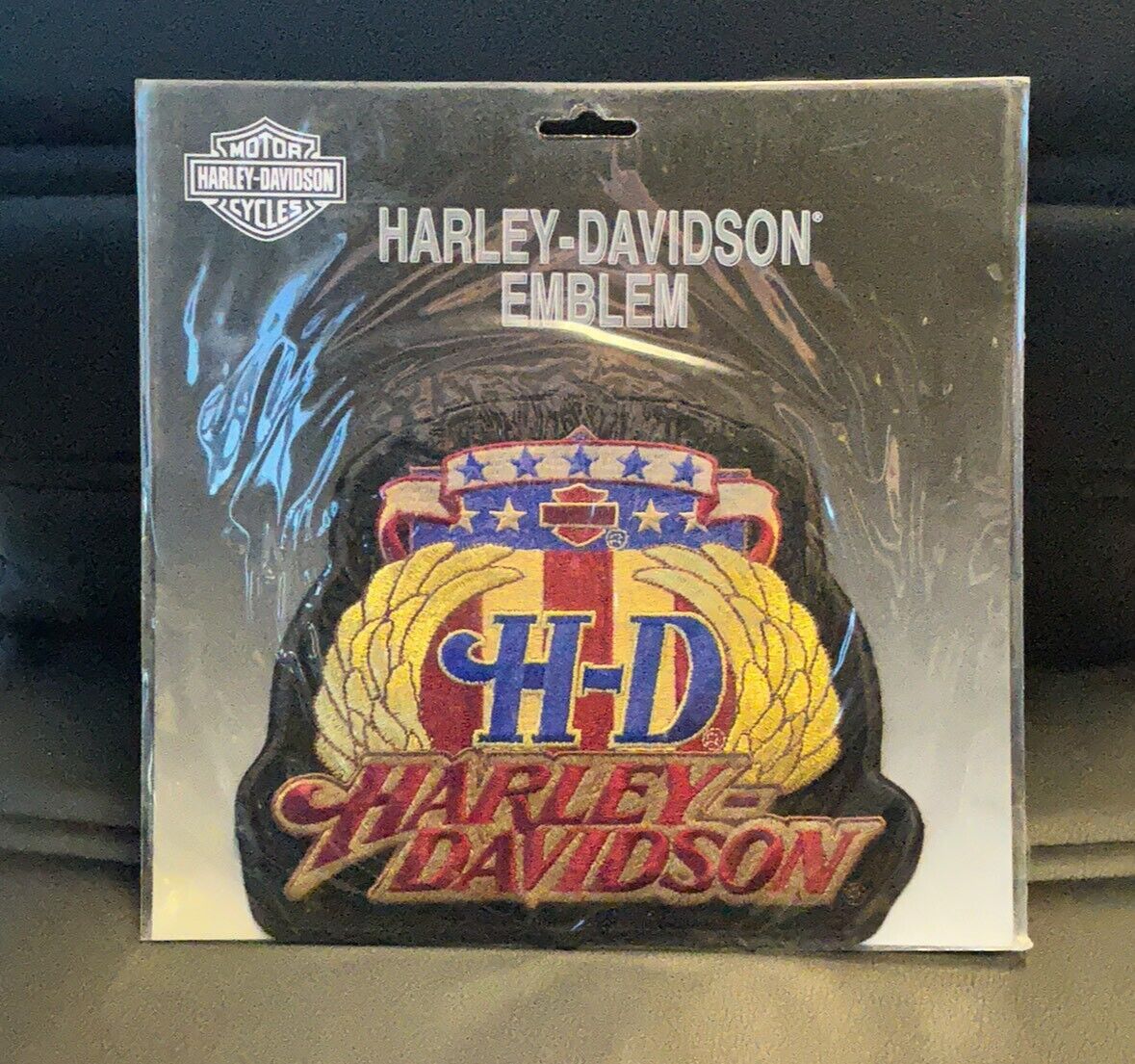 HARLEY DAVIDSON CROWN WITH GOLD WINGS LARGE SEW ON BRAND NEW PATCH 8X7 INCH