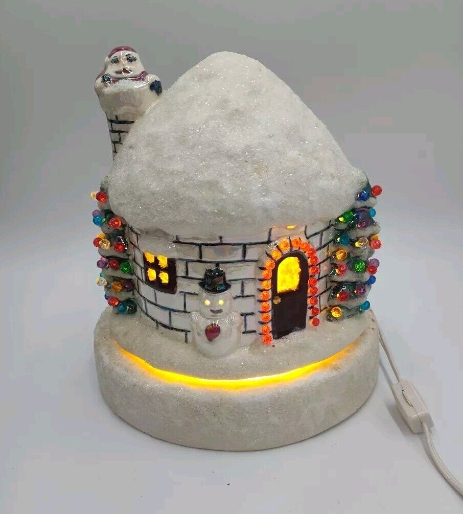 Vintage Ceramic Multi Color Light Up House with Santa in Chimney Snowman Musical