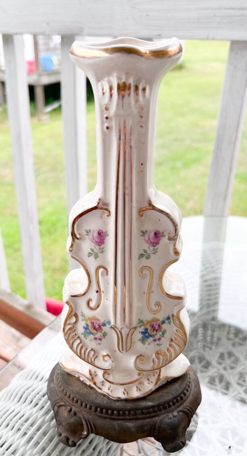Antique Violin Vase Roses Floral Ornate Brass Base Shabby Chic Gorgeous