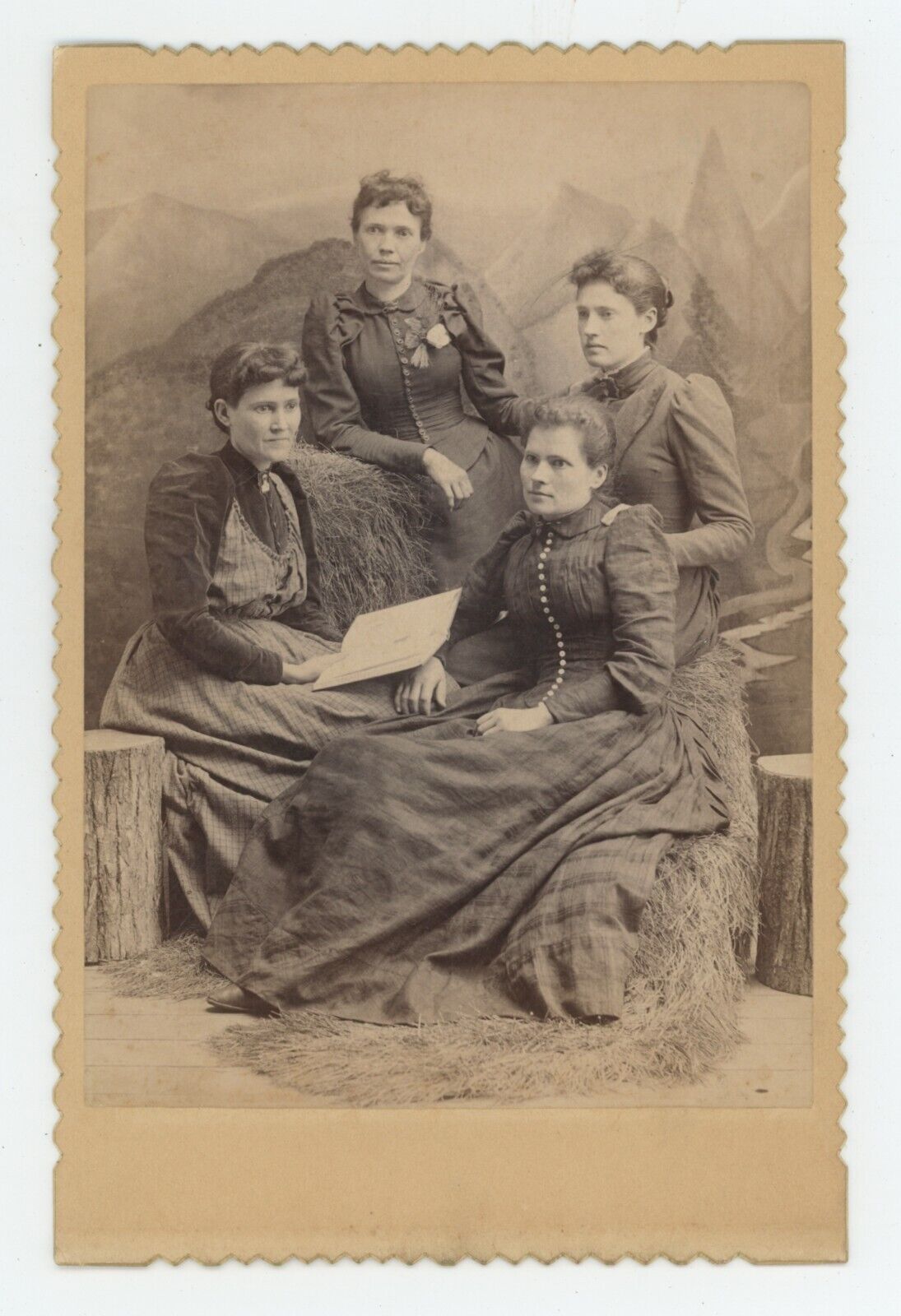Antique c1880s Cabinet Card Stunning Image Four Women Posing Beautiful Dresses
