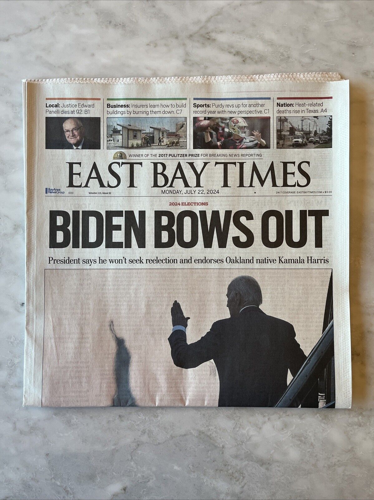 “Biden Bows Out” East Bay Times, July 22, 2024. Oakland newspaper, 2024 Election