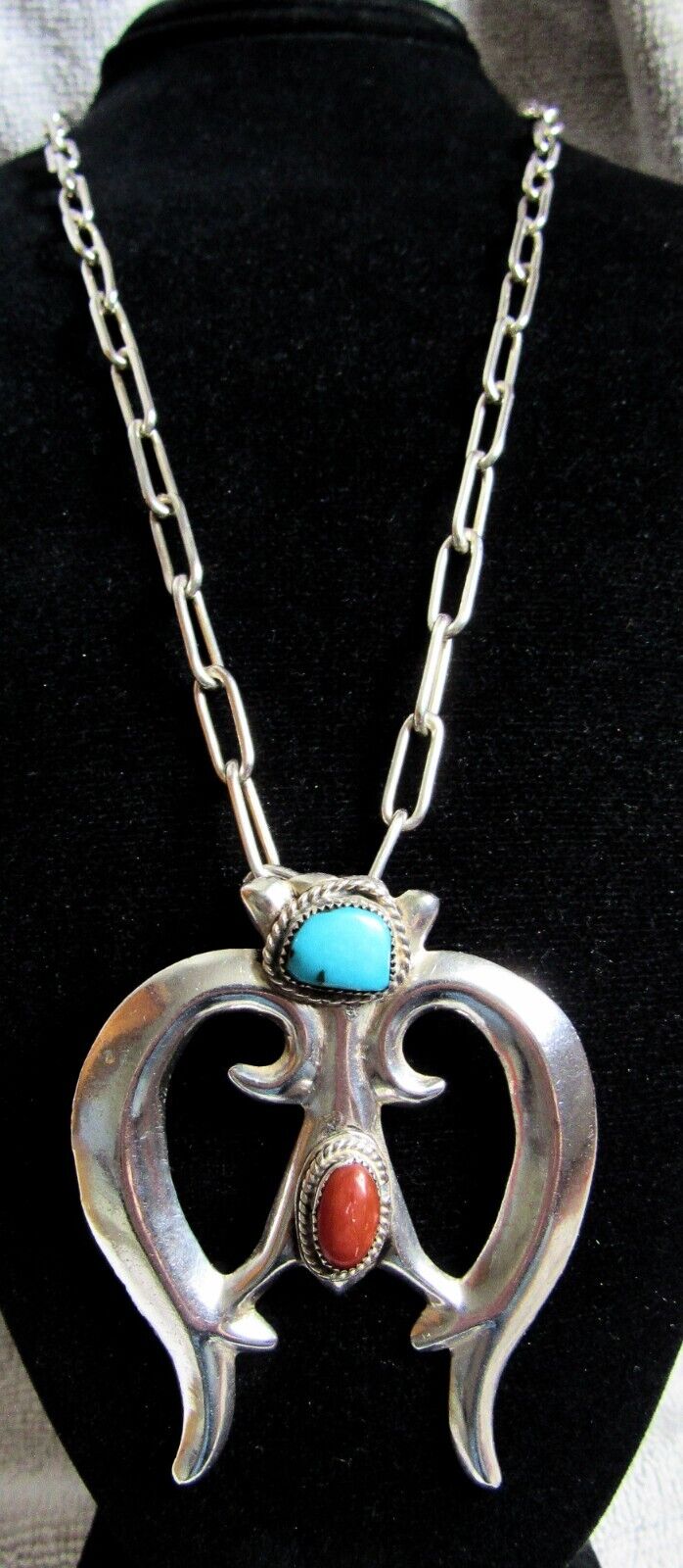 Navajo Indian Sterling Silver Turquoise Coral Sandcast Naja Pendant & Necklace
