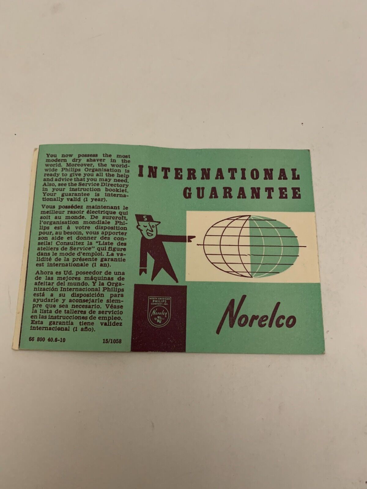 Vintage c.1960\'s Norelco Electric Shaver International Guarantee Card