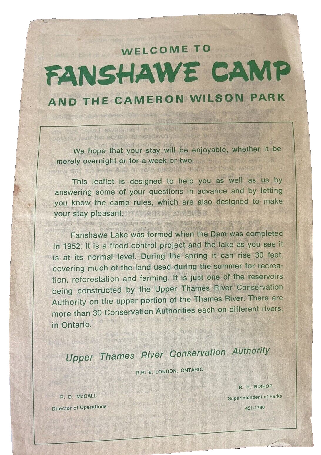 Fanshawe Camp Cameron Wilson Park Brochure London Ontario CA Upper Thames River