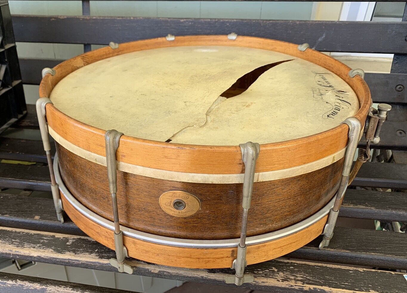 Vintage Antique Ludwig & Ludwig Wood 15” Snare Drum w Drumsticks