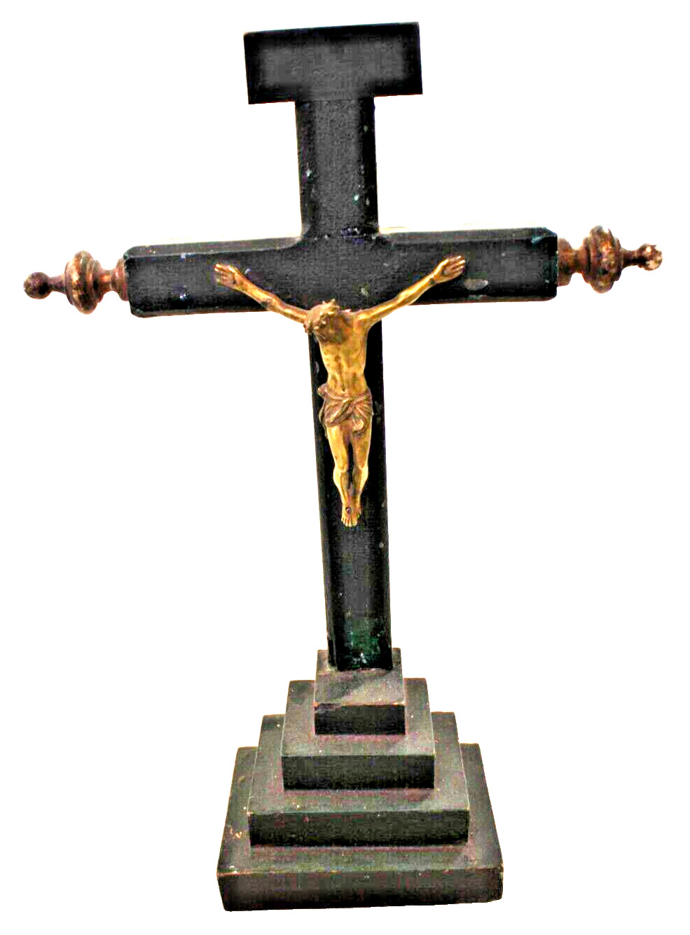 Antique Spanish wooden Crucifix with bronze figure of Christ circ 1905