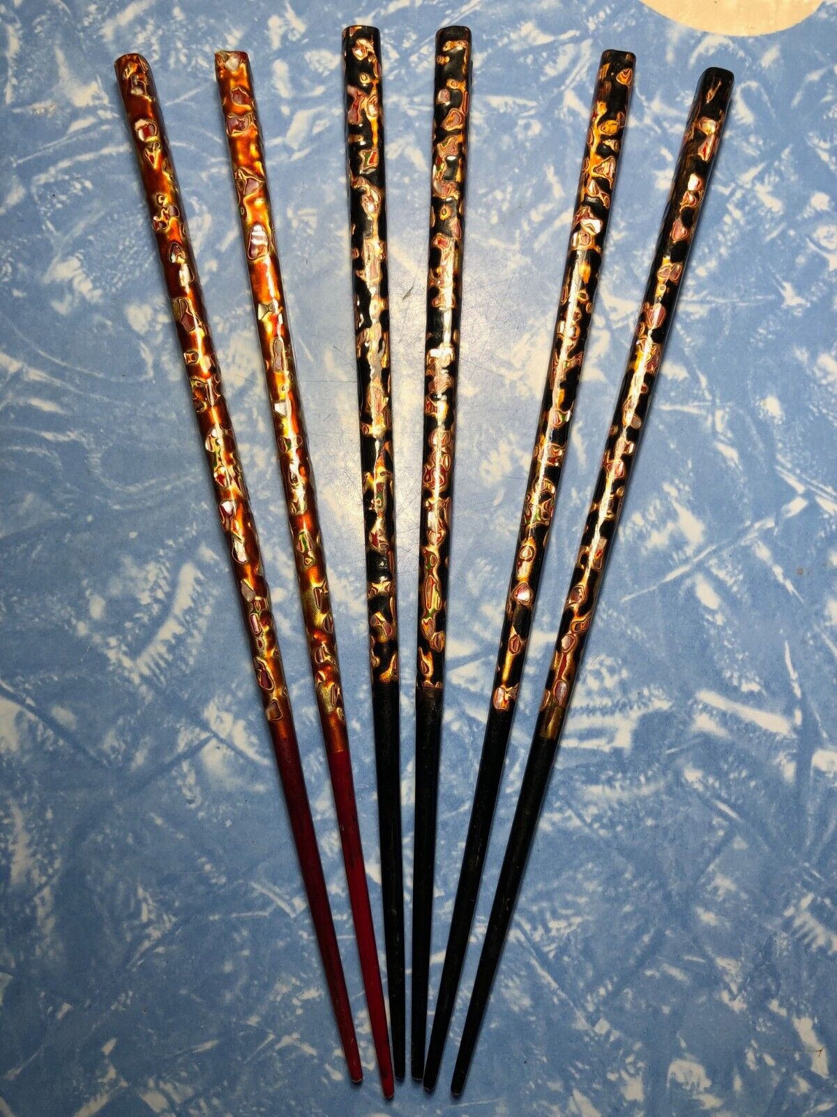 Vintage 50\'s Japanese Lacquered Inlaid Chopsticks - Three Sets