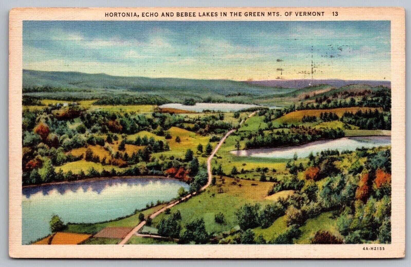 Hortonia Echo Bebee Lakes Green Mountains Vermont Birds Eye View Linen Postcard