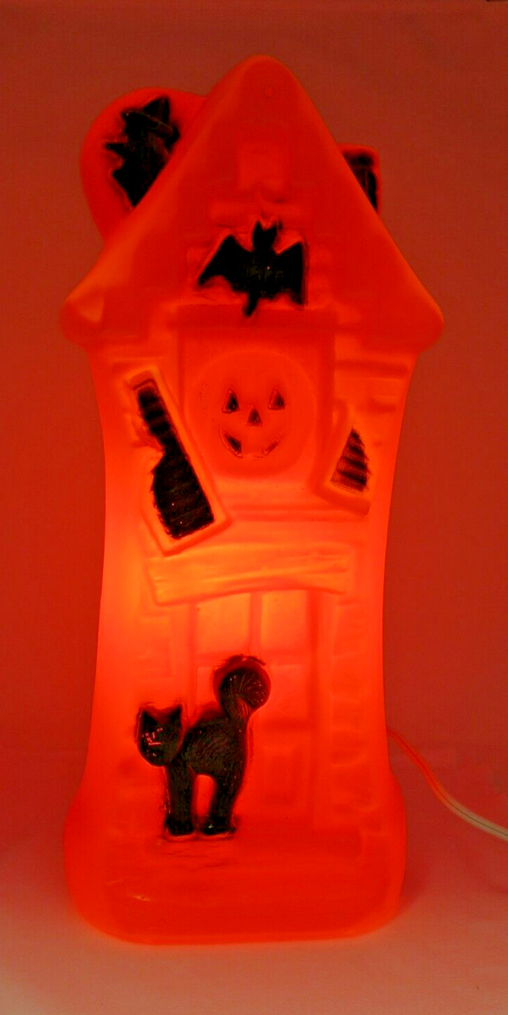 Vintage Blow Mold Halloween Lighted Spooky Haunted House Witch Cat Bat Pumpkin