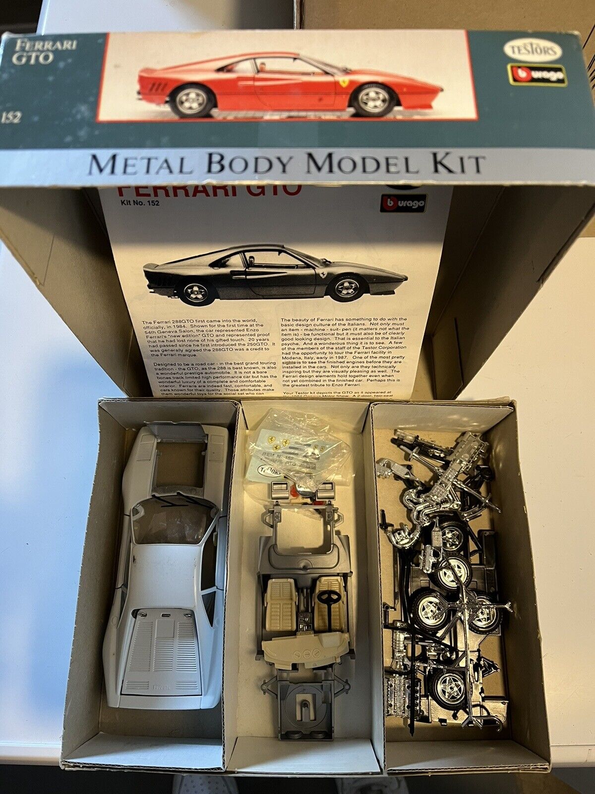 Open Box Vintage Testors Burago Ferrari GTO Metal Body Model Kit 1/24 Scale #152