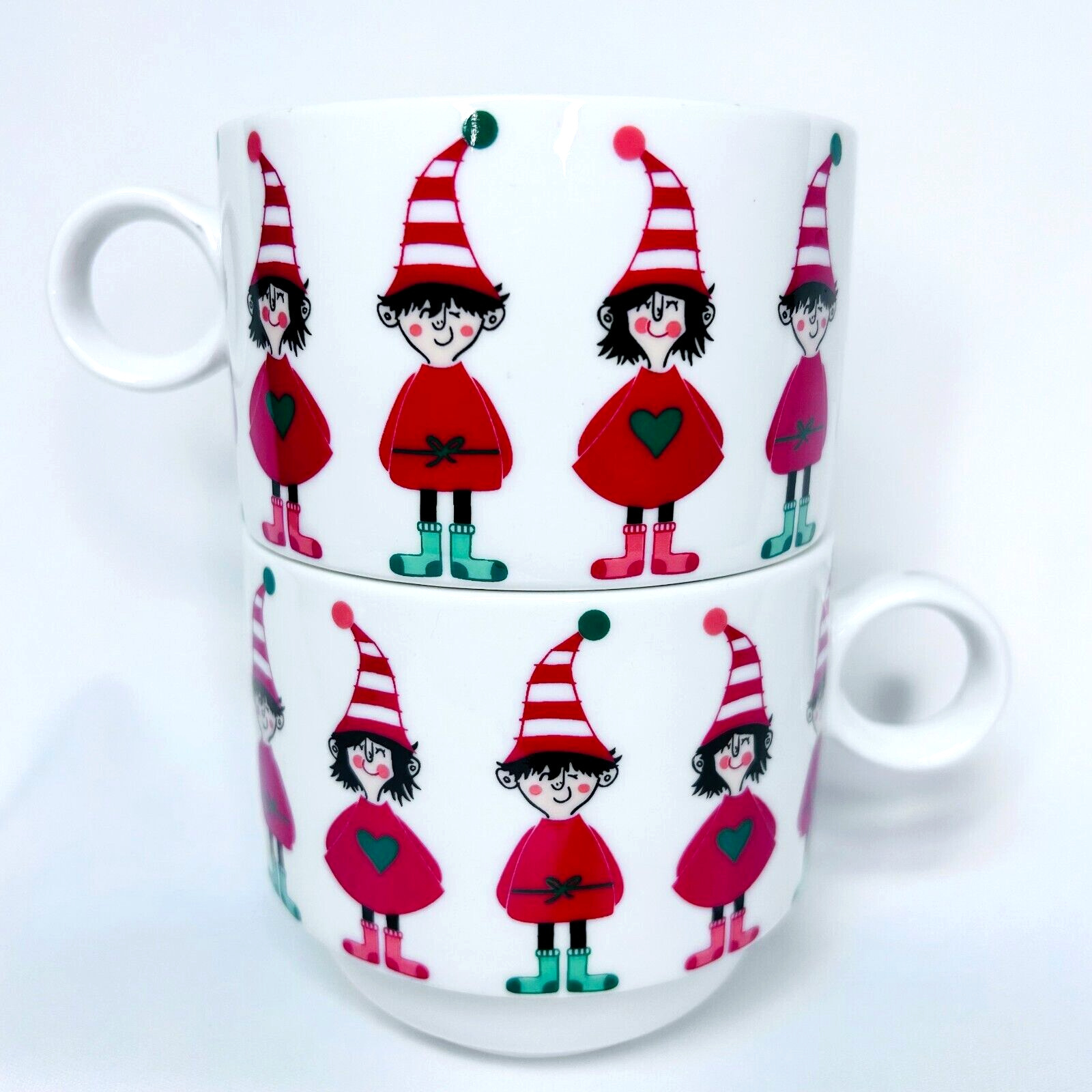 Grace Fine Porcelain Elves Around the Coffee Cup Mug - Stackable Set Of 2