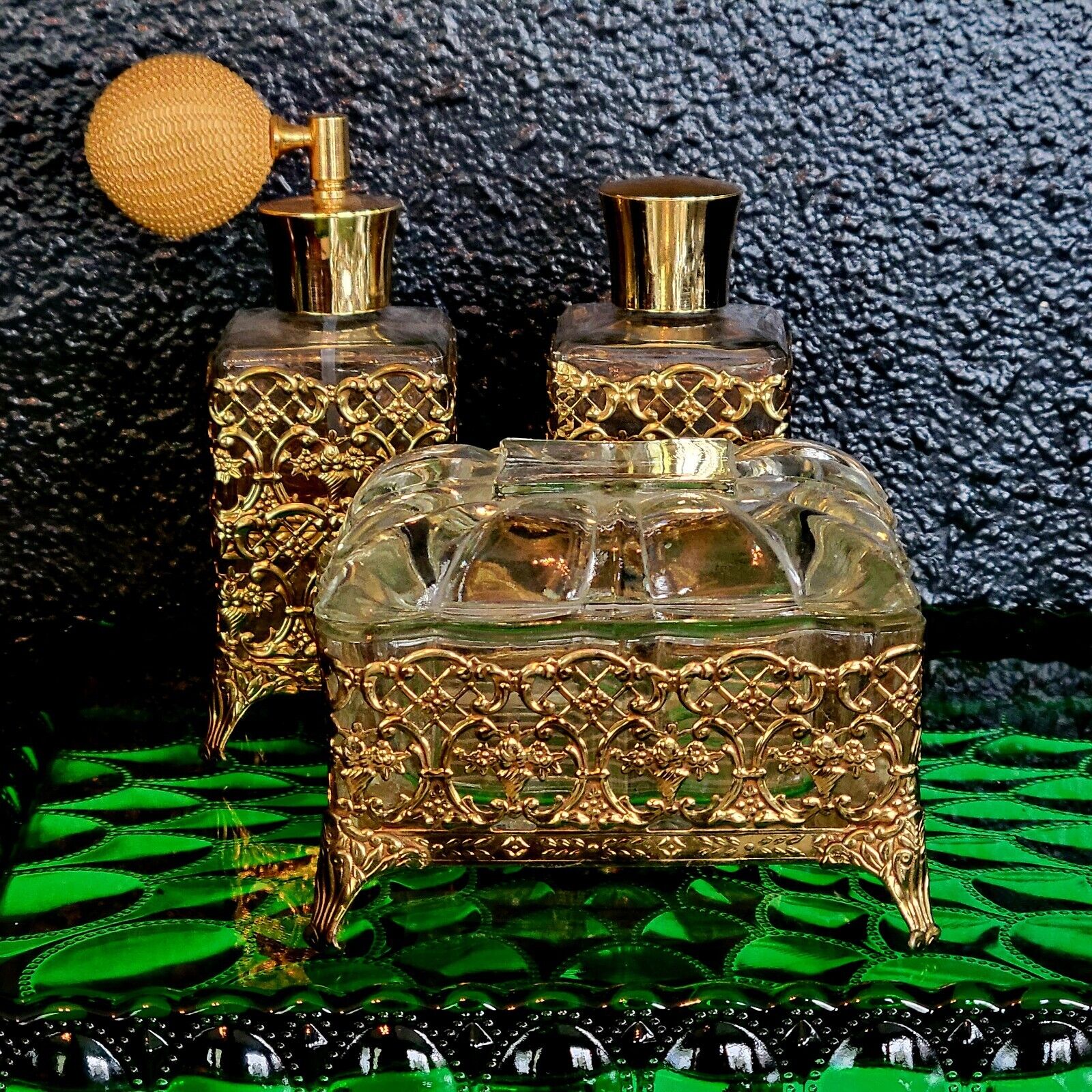 Vtg Gold & Glass Hollywood Regency Glam Vanity Set •Perfume Lotion Powder Box•