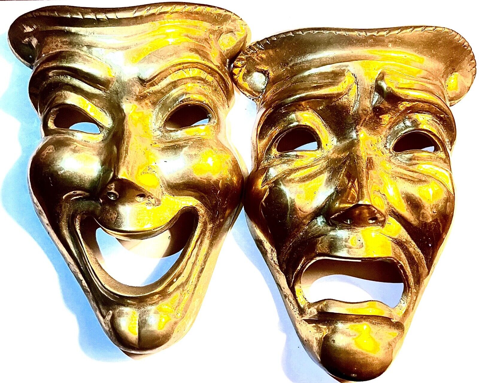 Vintage Brass Theater Masks, Pair of Comedy/Tragedy Brass Wall Masks 7”