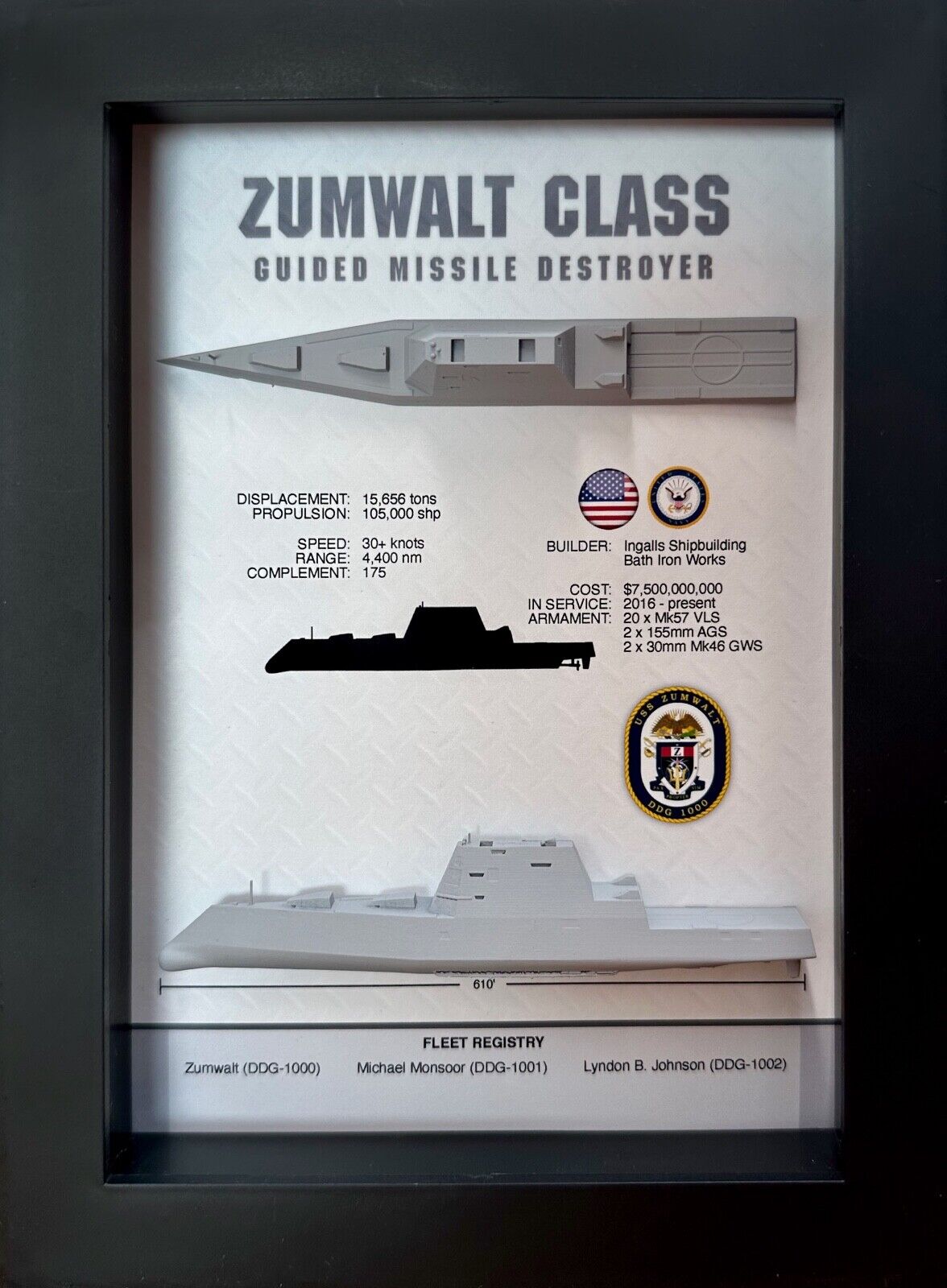 Zumwalt Class, Guided Missile Destroyer Shadow Display Box, 6