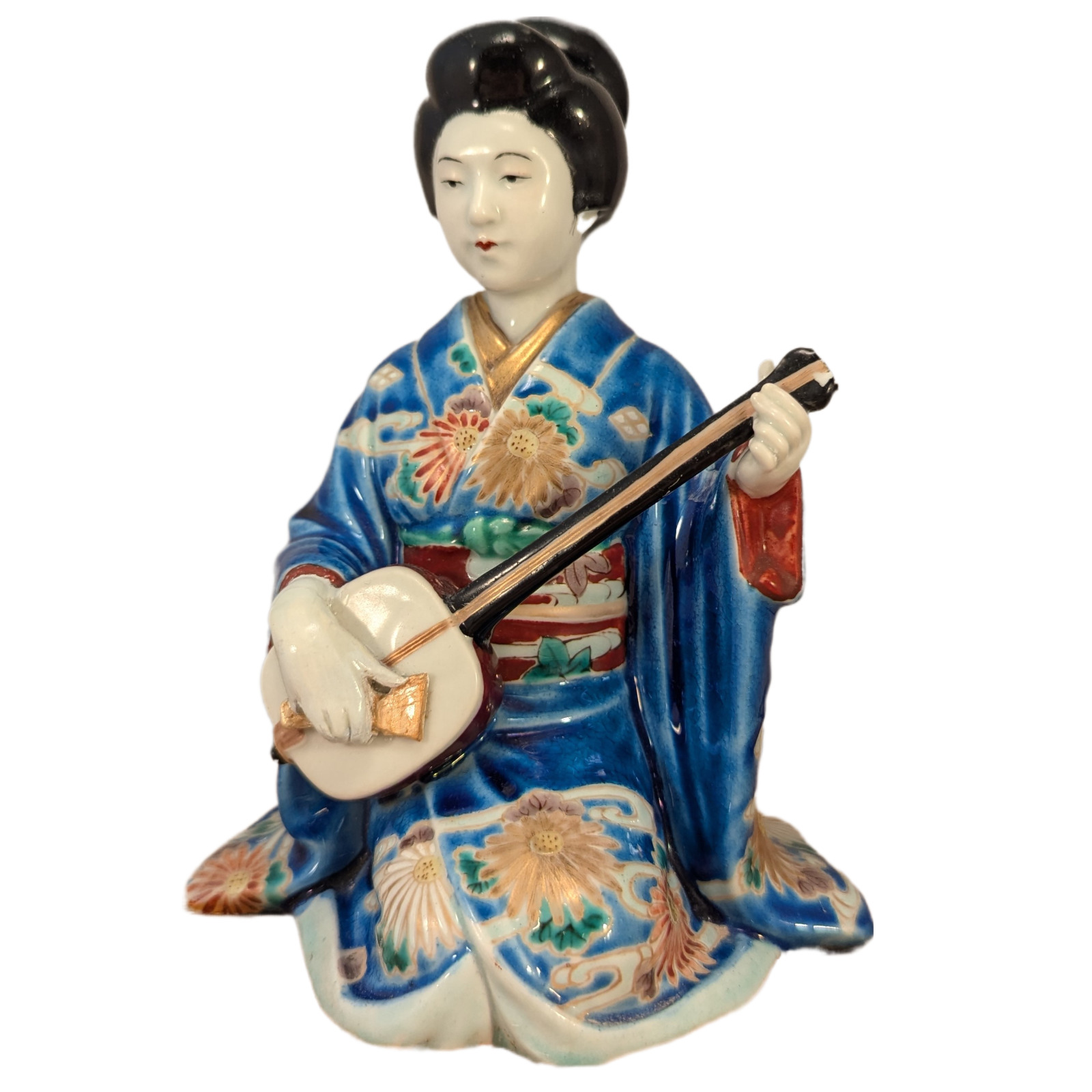 Antique Japanese Kutani Porcelain Geisha Woman & Shamisen Okimono Statue 7 5/8