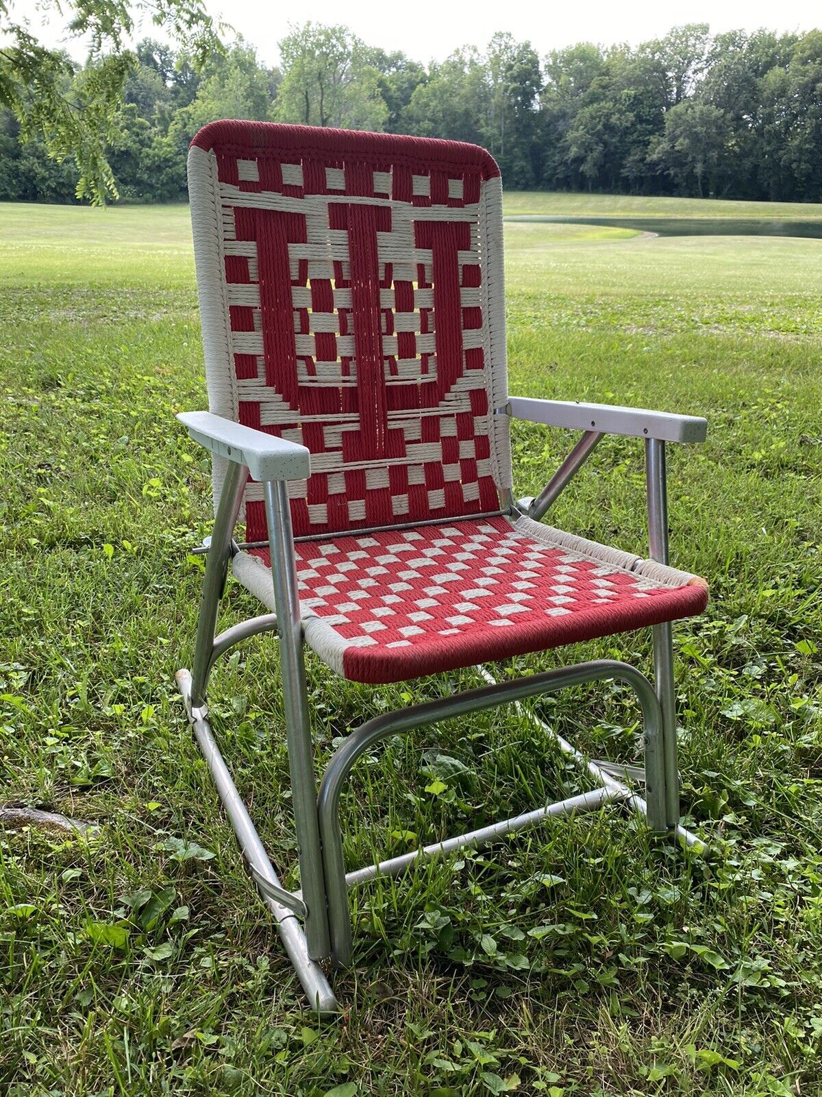 Vintage Indiana University Macrame Aluminum Folding Rocking Lawn Chair, 1980’s