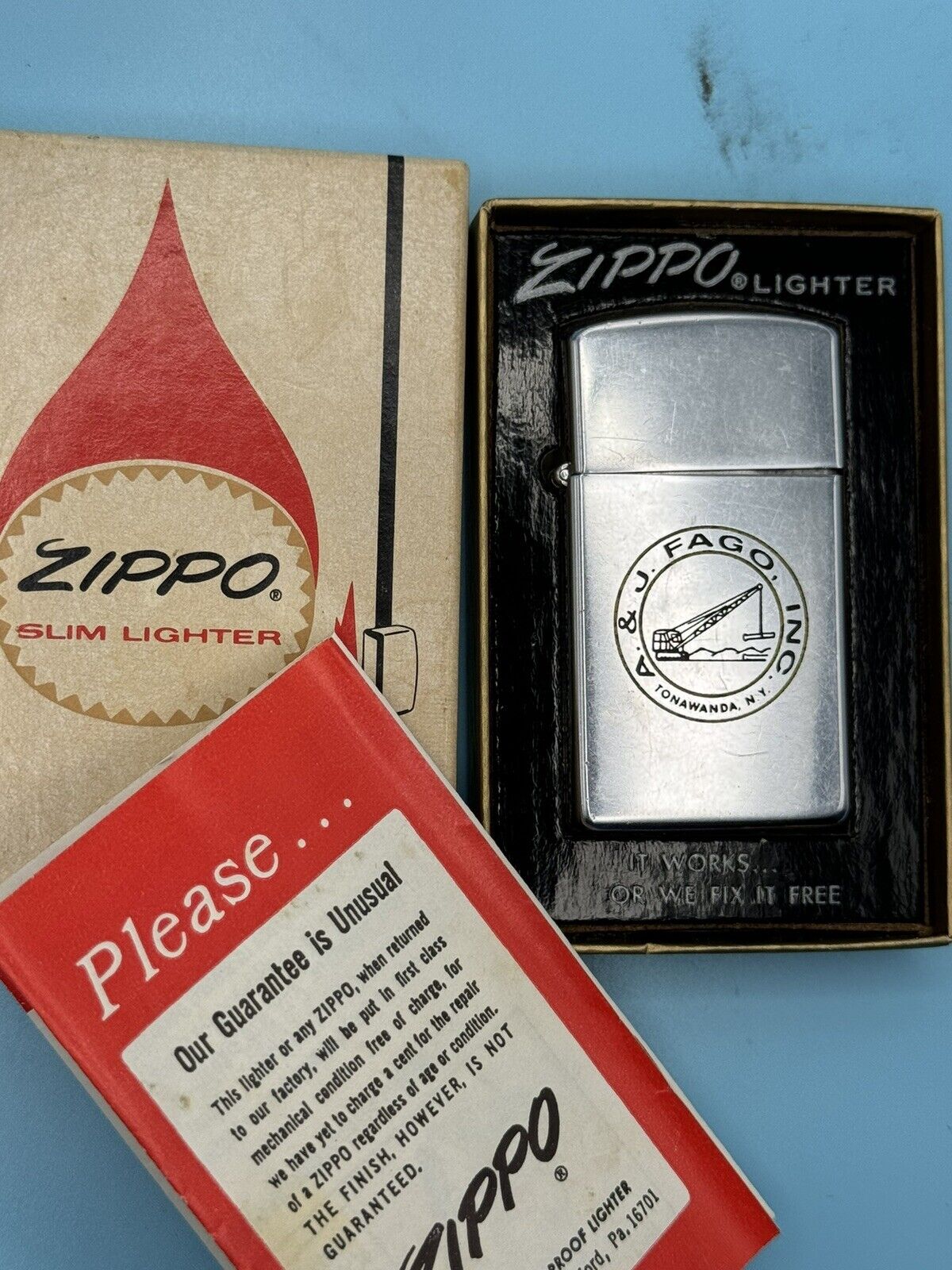 Vintage 1959 A & J Fago Advertising Chrome Slim Zippo Lighter