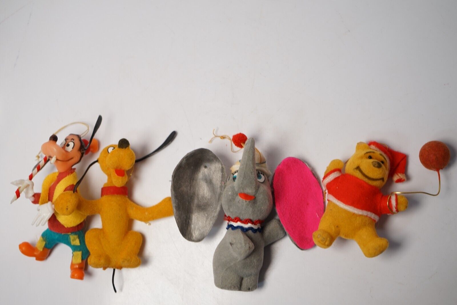 Lot 4 VTG Walt Disney Productions Flocked Dumbo Goofy Pluto Pooh Xmas Ornament s