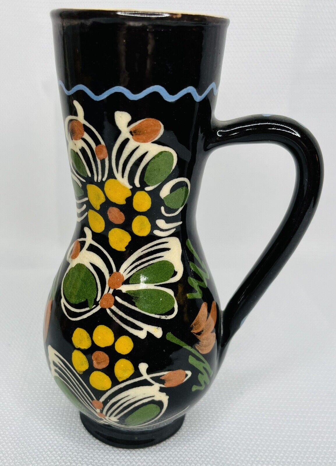 Traditional Hungarian Romanian, Pottery Pitcher Vase Black Floral 7 Inch