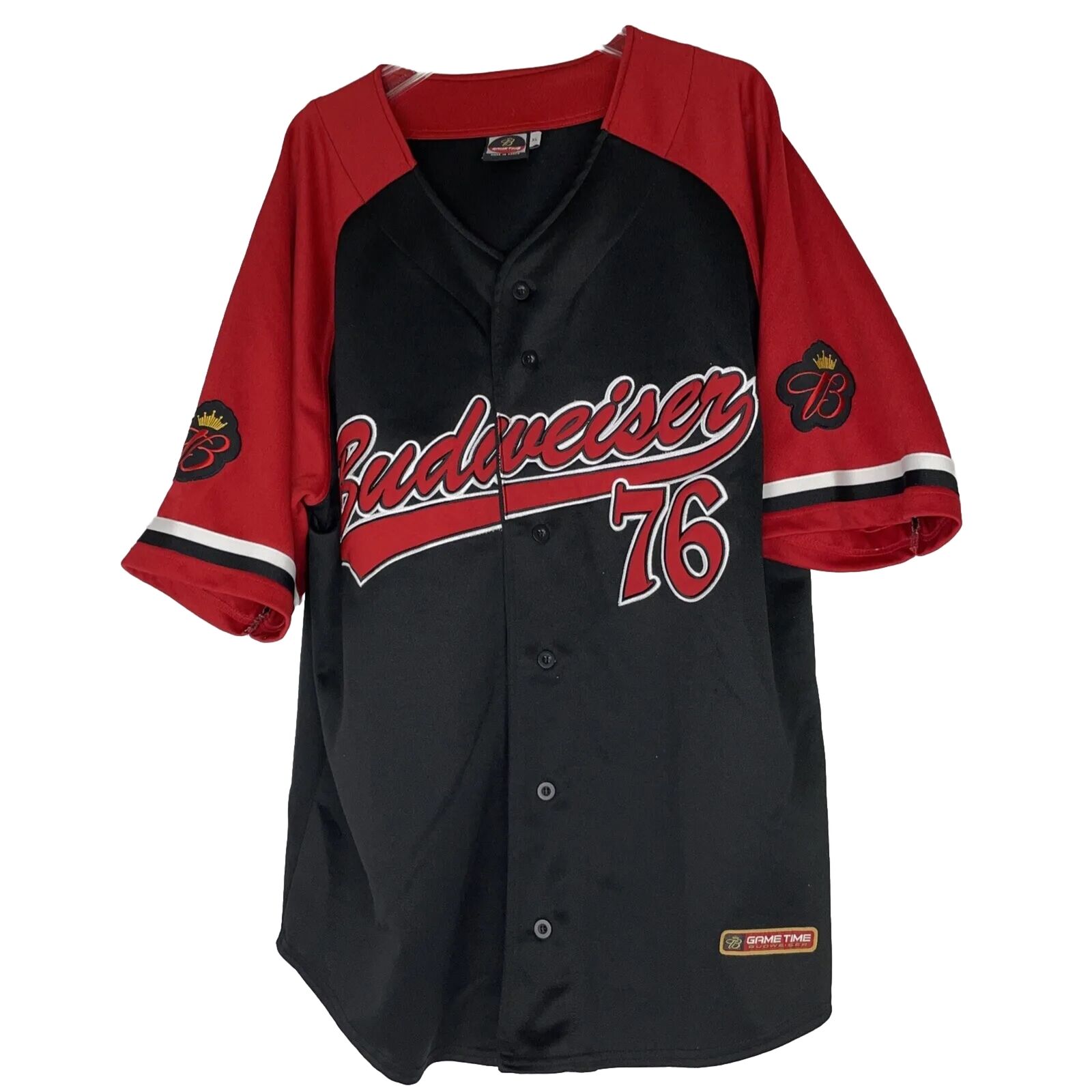 Budweiser Jersey Mens X Large Baseball Game Time Button Up Black Red Logo Back