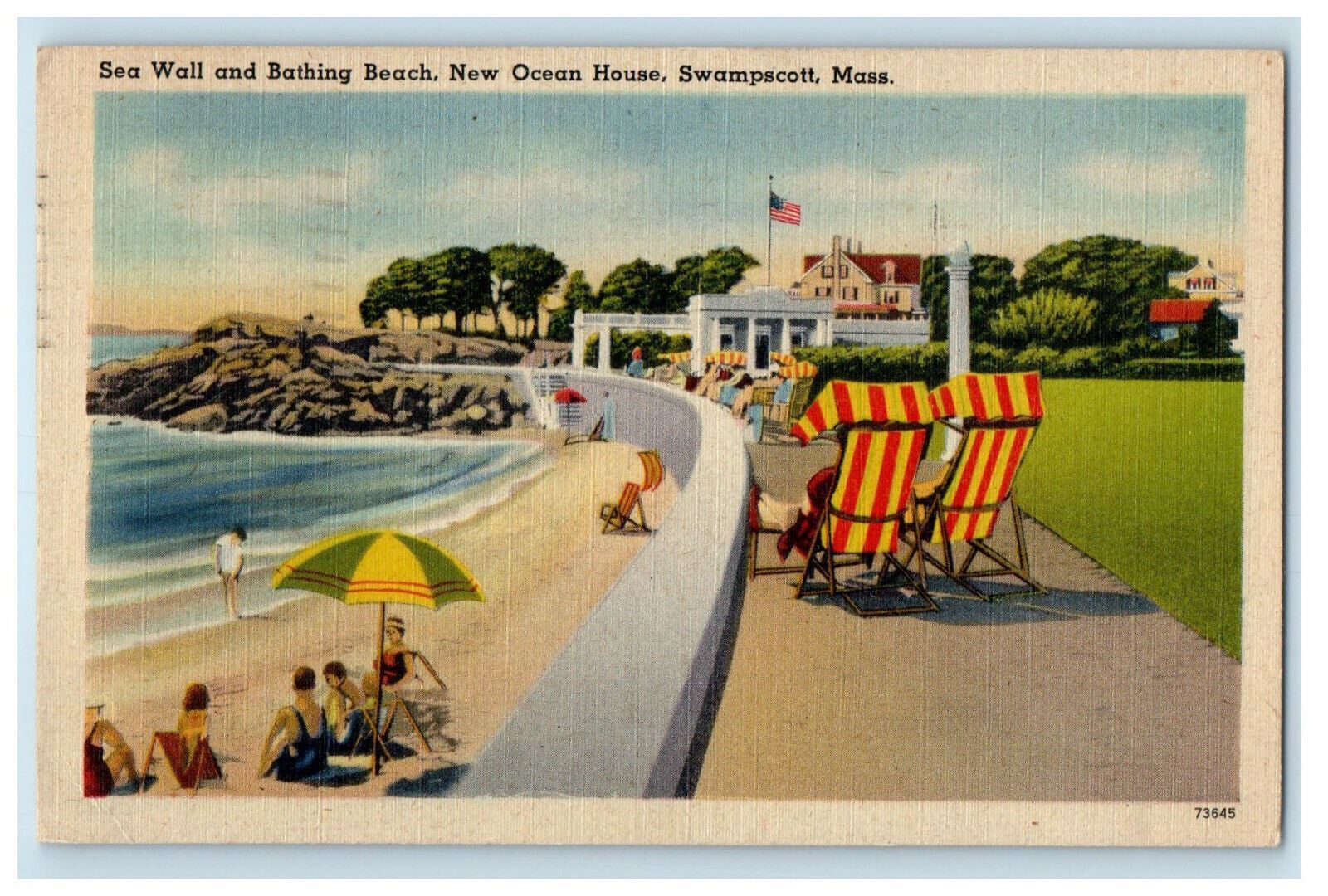1947 Sea Wall and Bathing Beach, New Ocean House, Swampscott MA Postcard
