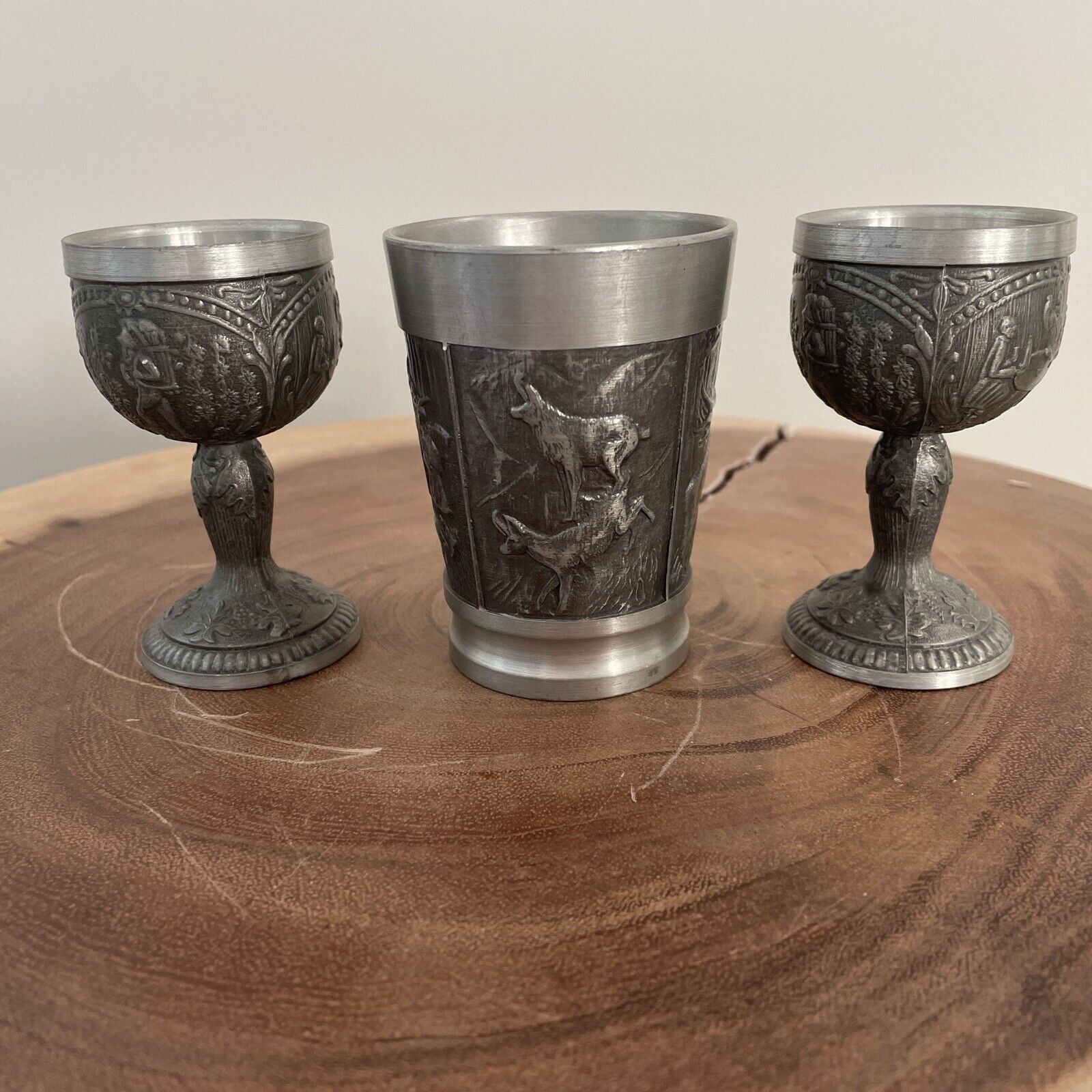 SET of Vintage Fein Zinn Embossed Pewter Cups W. Germany Hunting Theme