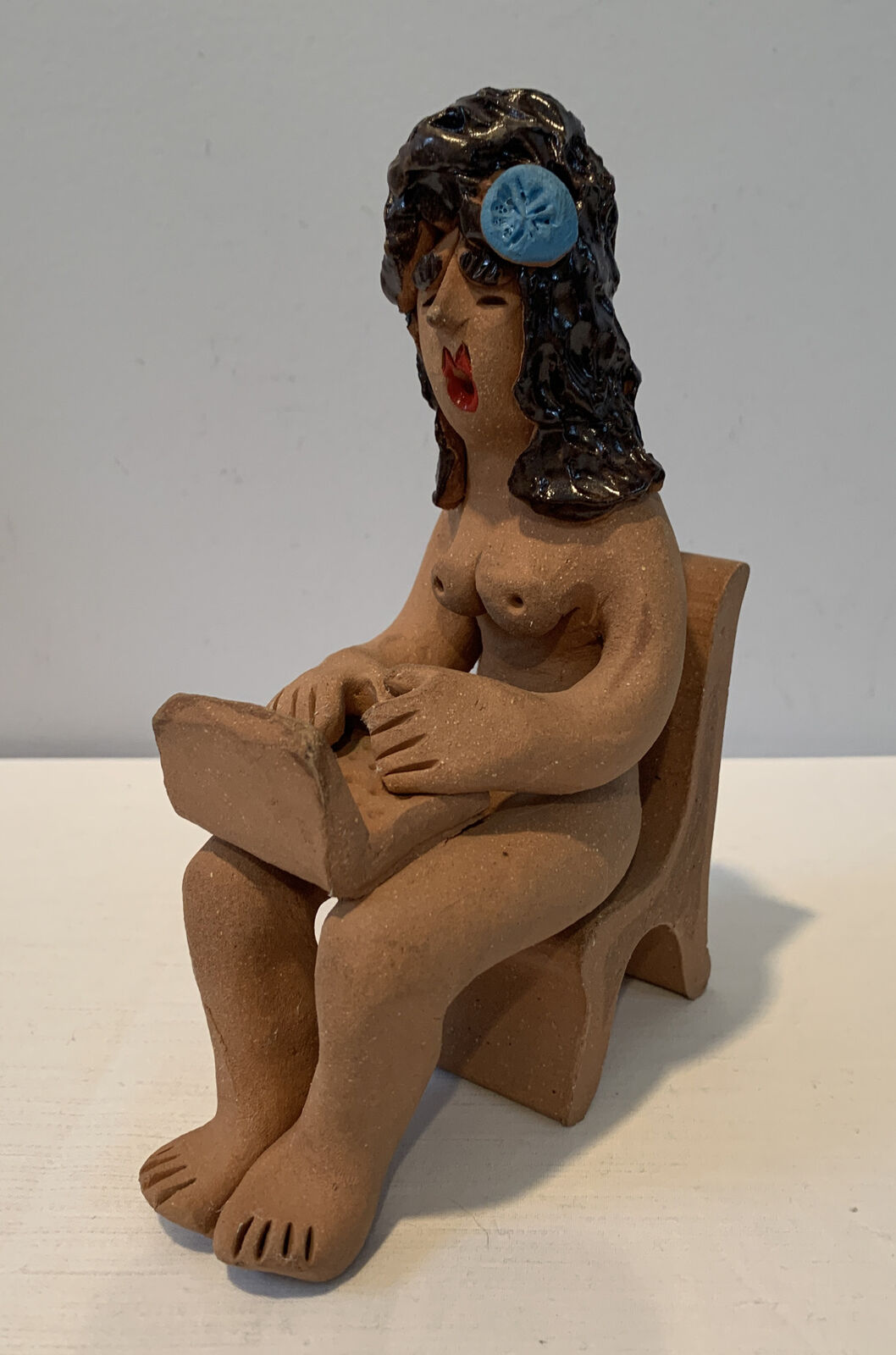 Louis Rizzo Hollis Maine Handmade Clay Sculpture Naked Woman w Computer On Chair