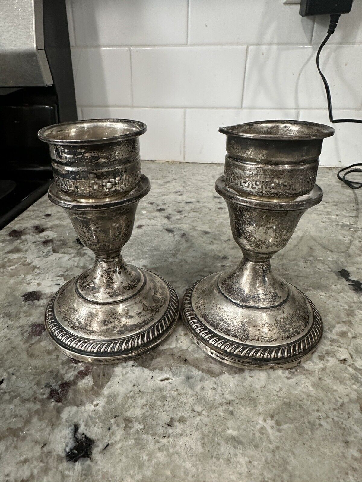 Vtg Fisher Weighted 830 Silver Candle Holders, 4.5x3.25in