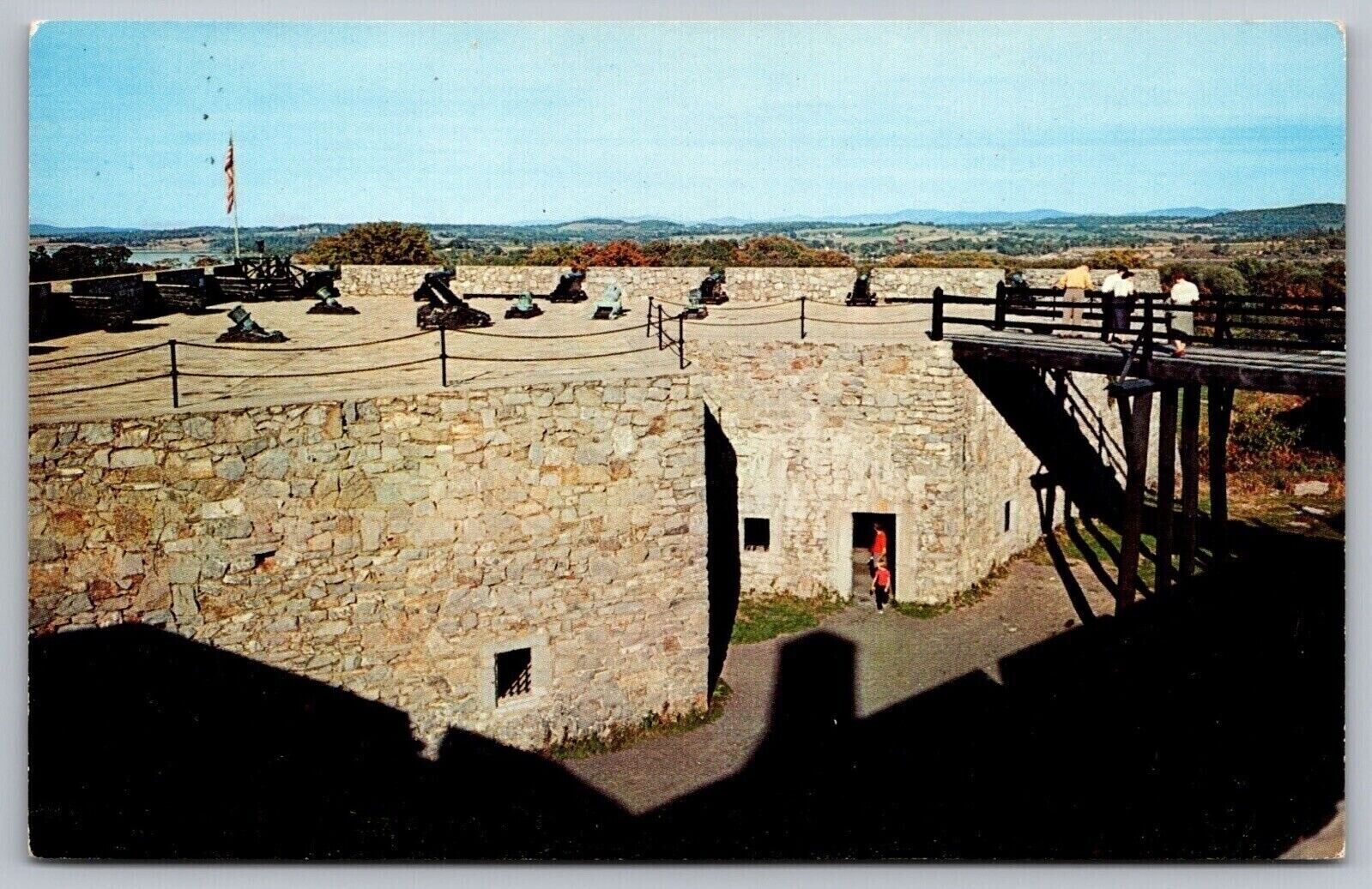 Fort Ticonderoga New York North Curtain Wall View Bridge Cannons Flag Postcard