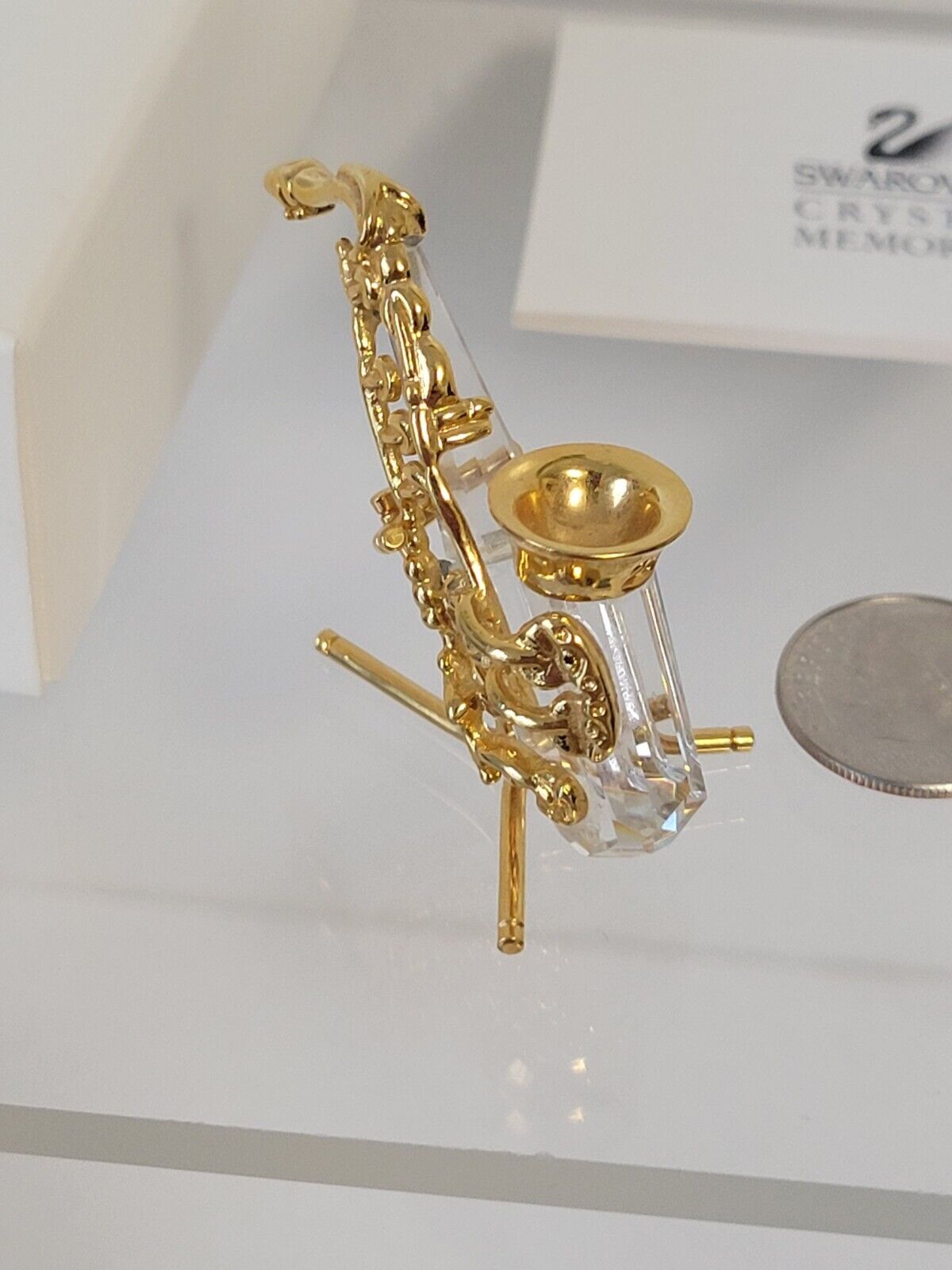 Swarovski Crystal Memories Gold Miniature Saxophone & Stand w/Box & Papers