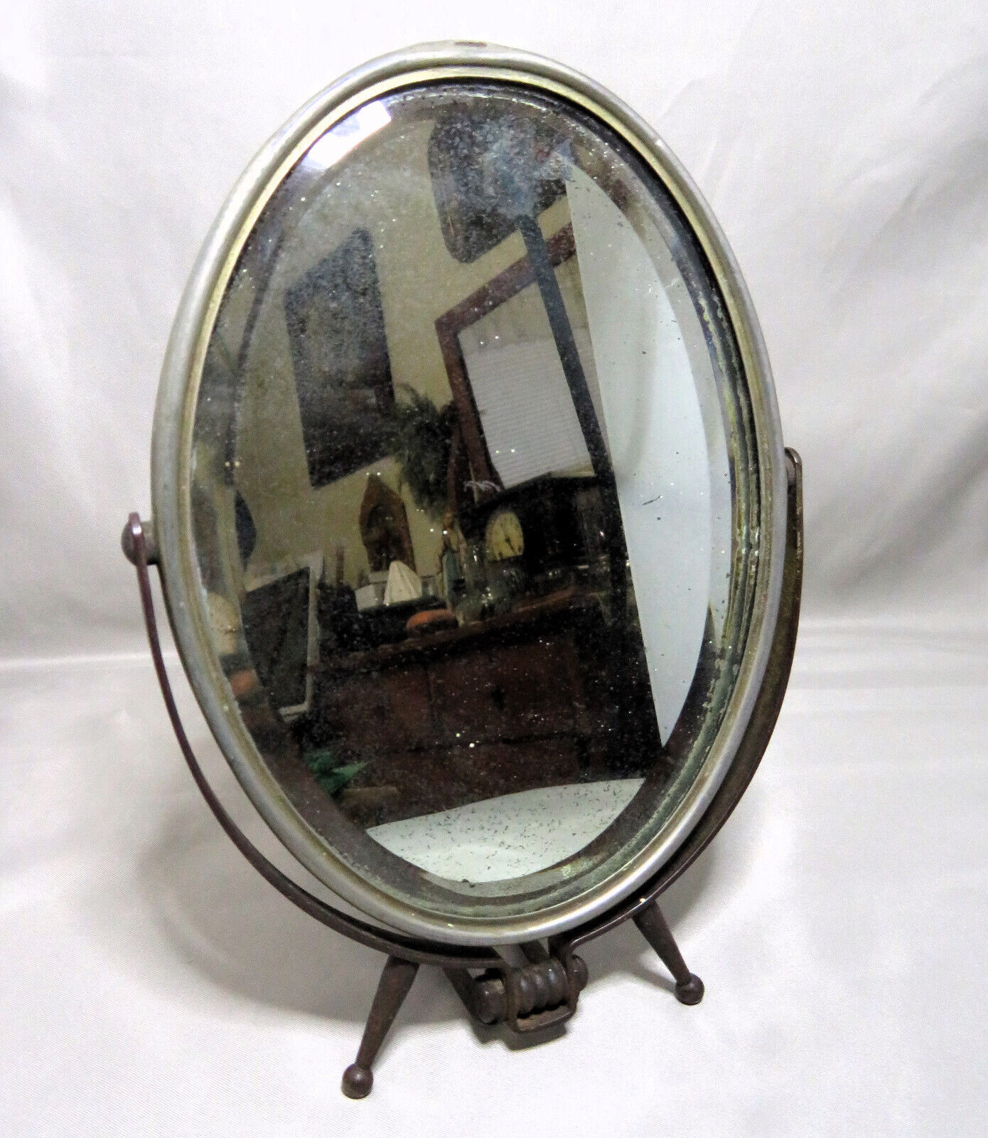 19thC Antique Hand Wrought Iron Mens Shaving Mirror Beveled CIVIL WAR ERA