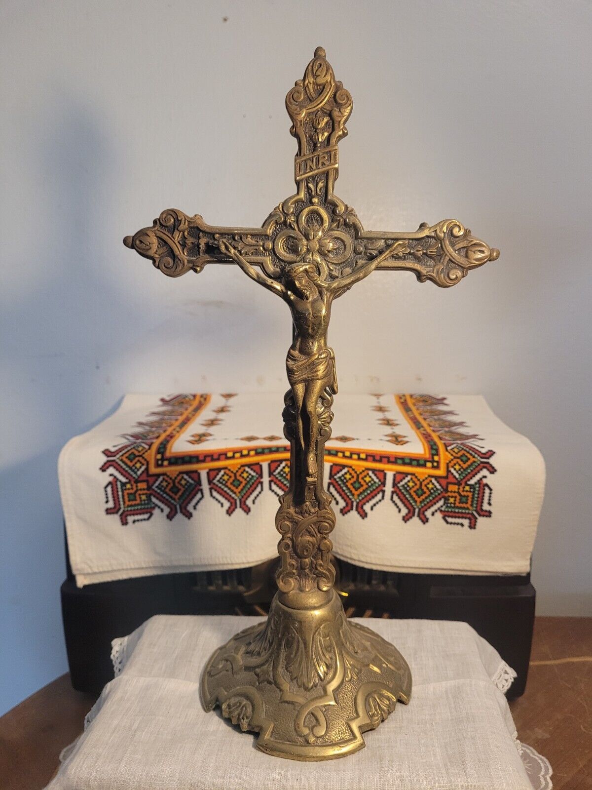 Antique English Brass Standing Crucifix