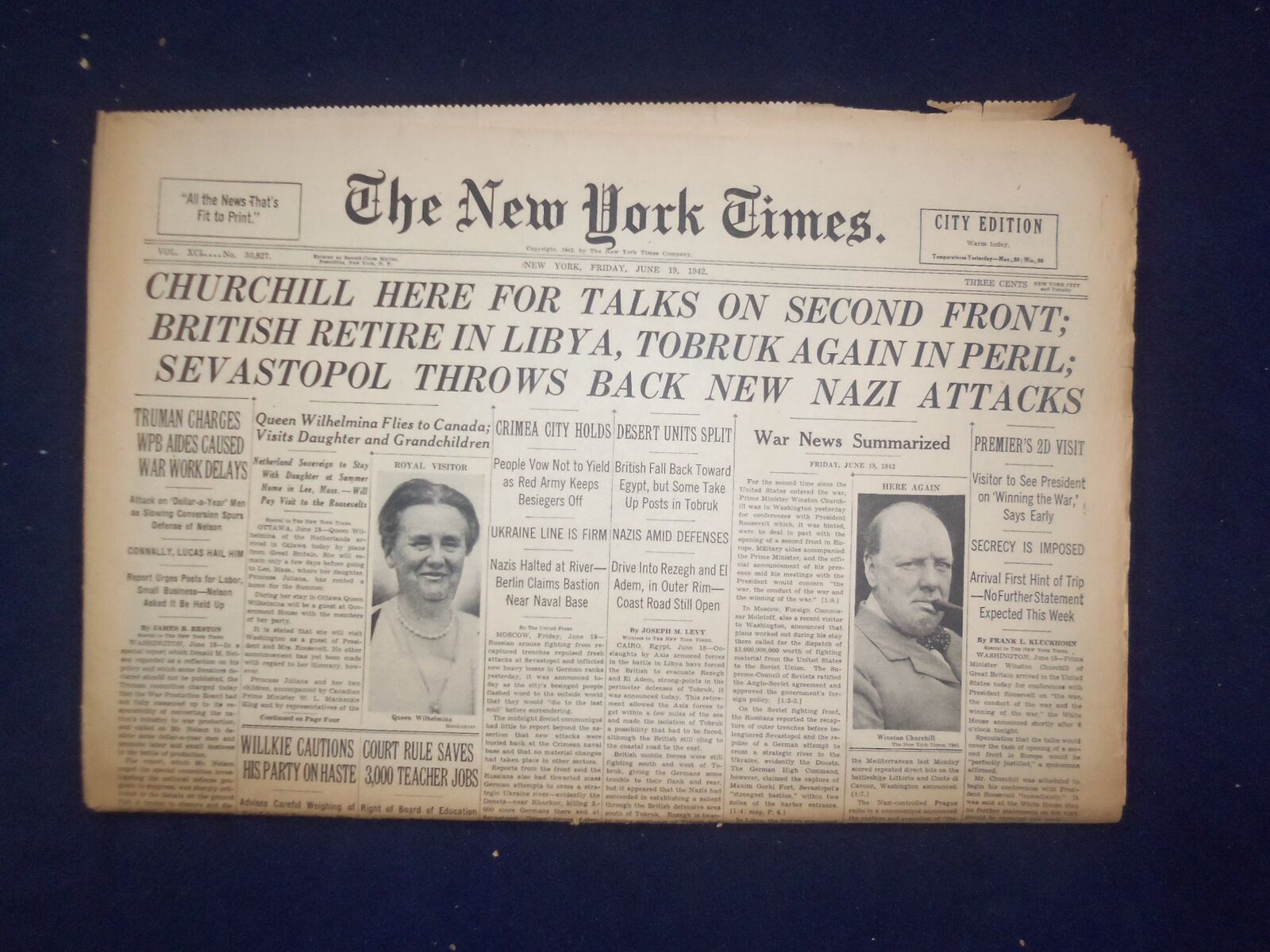 1942 JUNE 19 NEW YORK TIMES - CHURCHILL HERE FOR TALKS ON SECOND FRONT - NP 6501