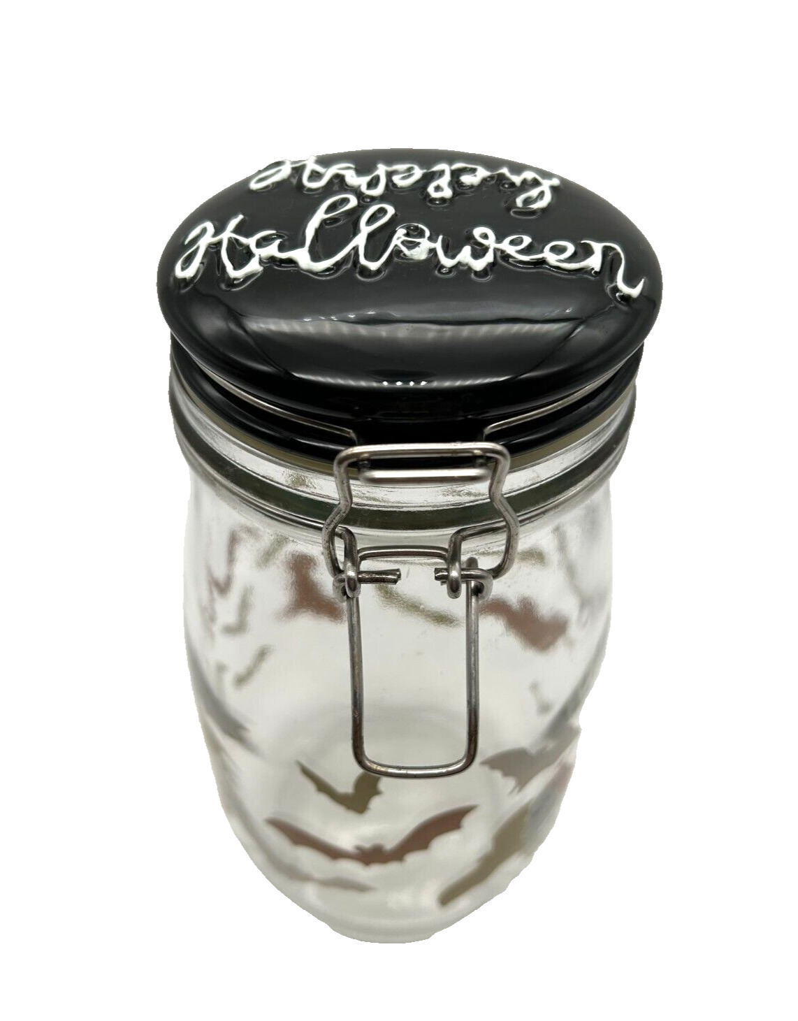 Vintage Happy Halloween Flying Bats Glass Candy Cookie Treats Jar With Flip Lid