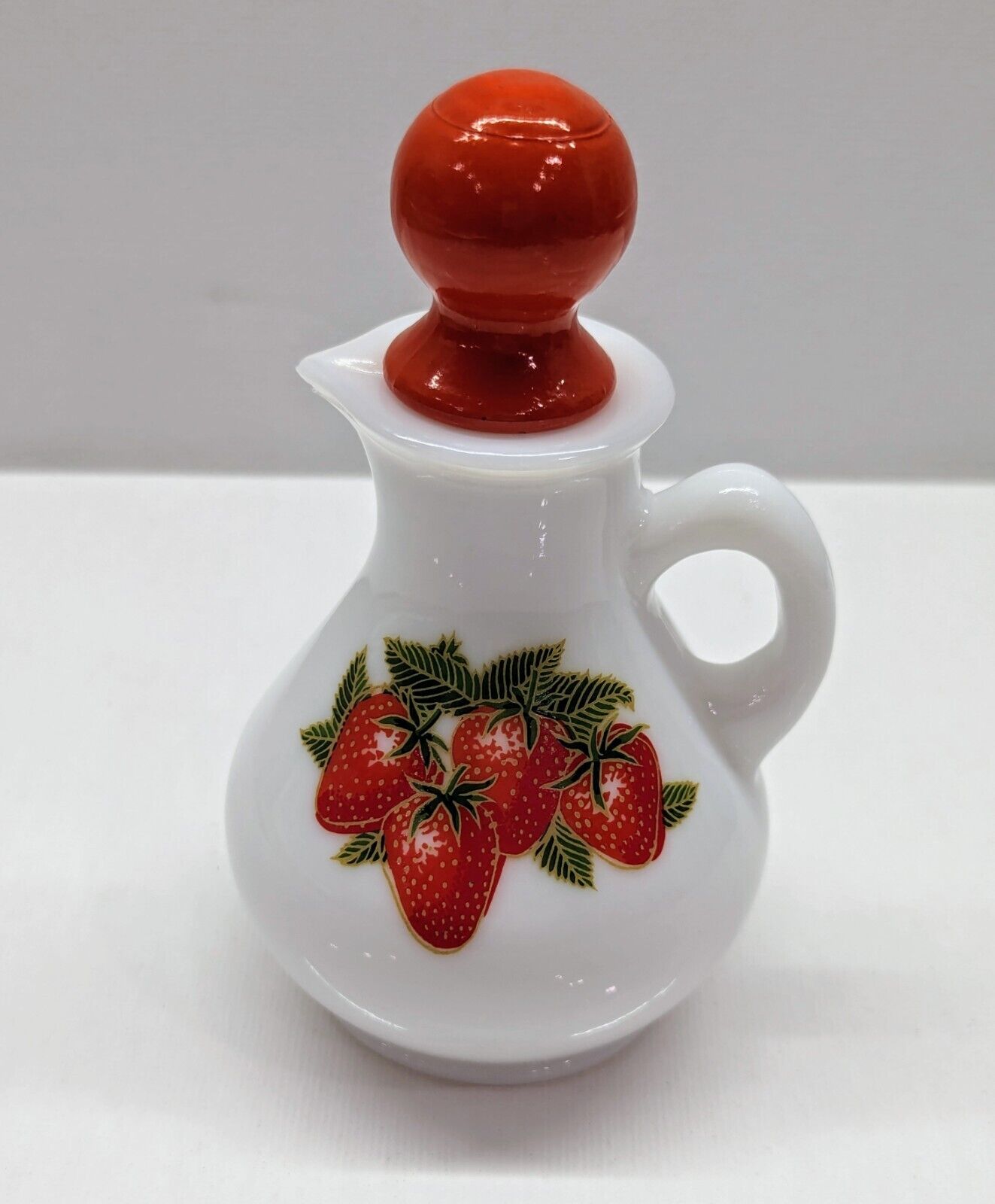 Vintage Avon Pressed Milk Glass Cruet w Strawberry Transfer & Design Red Stopper