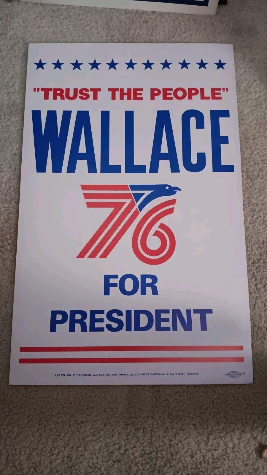 Wisconsin 1976 Wallace For PRESIDENT Democrat Large Sign ORIGINAL Vintage RARE