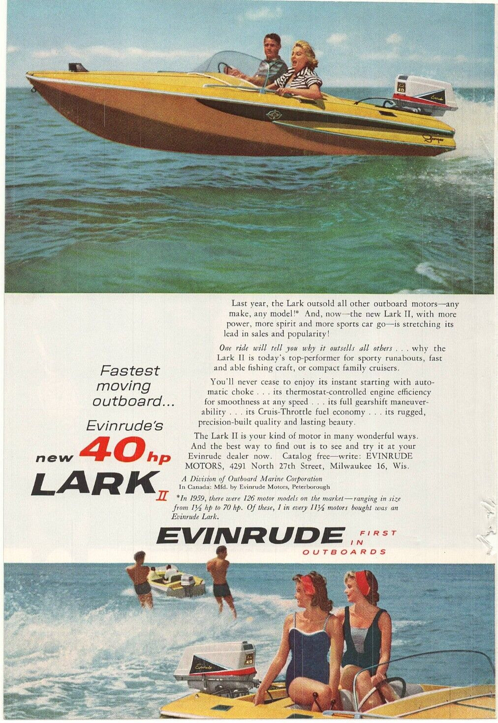 1960 Print Ad Evinrude Outboard Motor 40 hp Lark II Fastest moving outboard