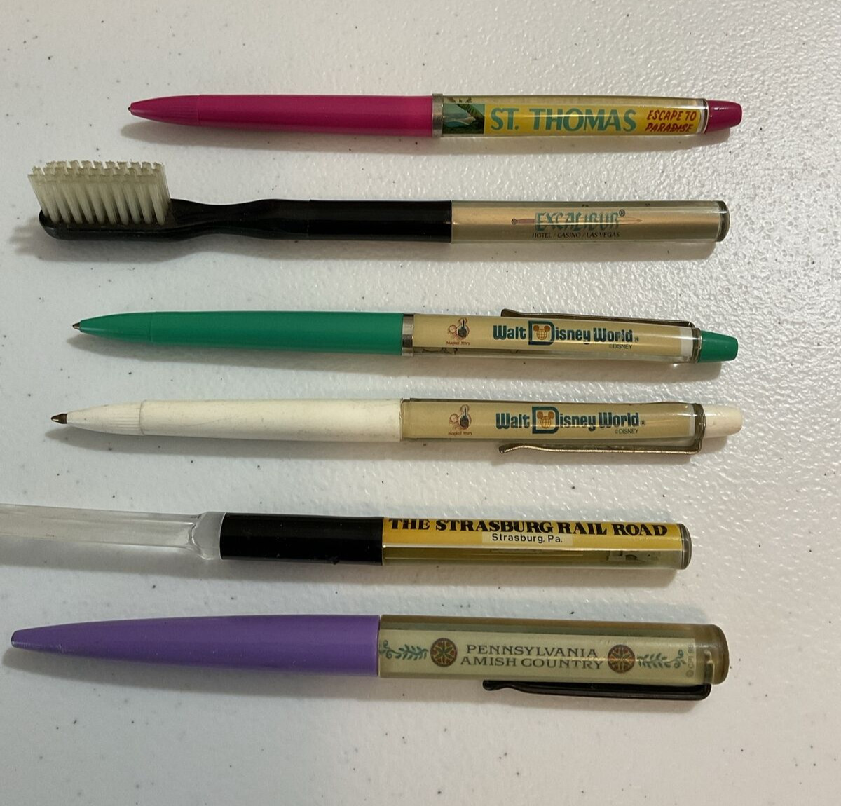 Lot of 6 Used Vintage Floaty Pens - Disney World - Vegas - Trains - Amish +
