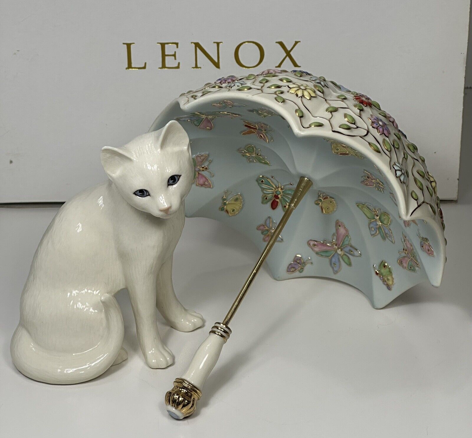 Lenox Cat And Umbrella April Showers May Flowers Butterflies Parvaneh/ with Box