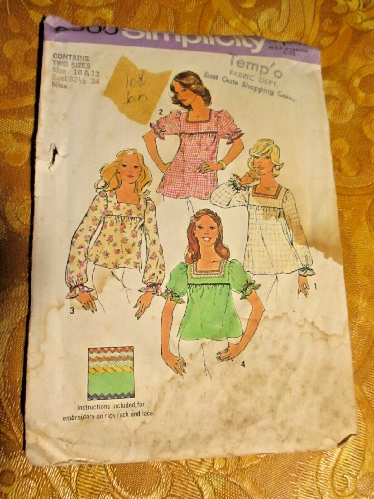 Vintage 1970s Simplicity 6900 Sewing Pattern Top Blouse Shirt Yoke Sz 10 12 Miss