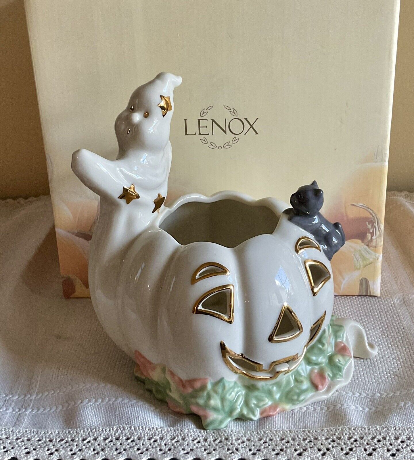 Lenox Occasions Ghost with Pumpkin Votive Candle Holder Halloween #6241699 Box
