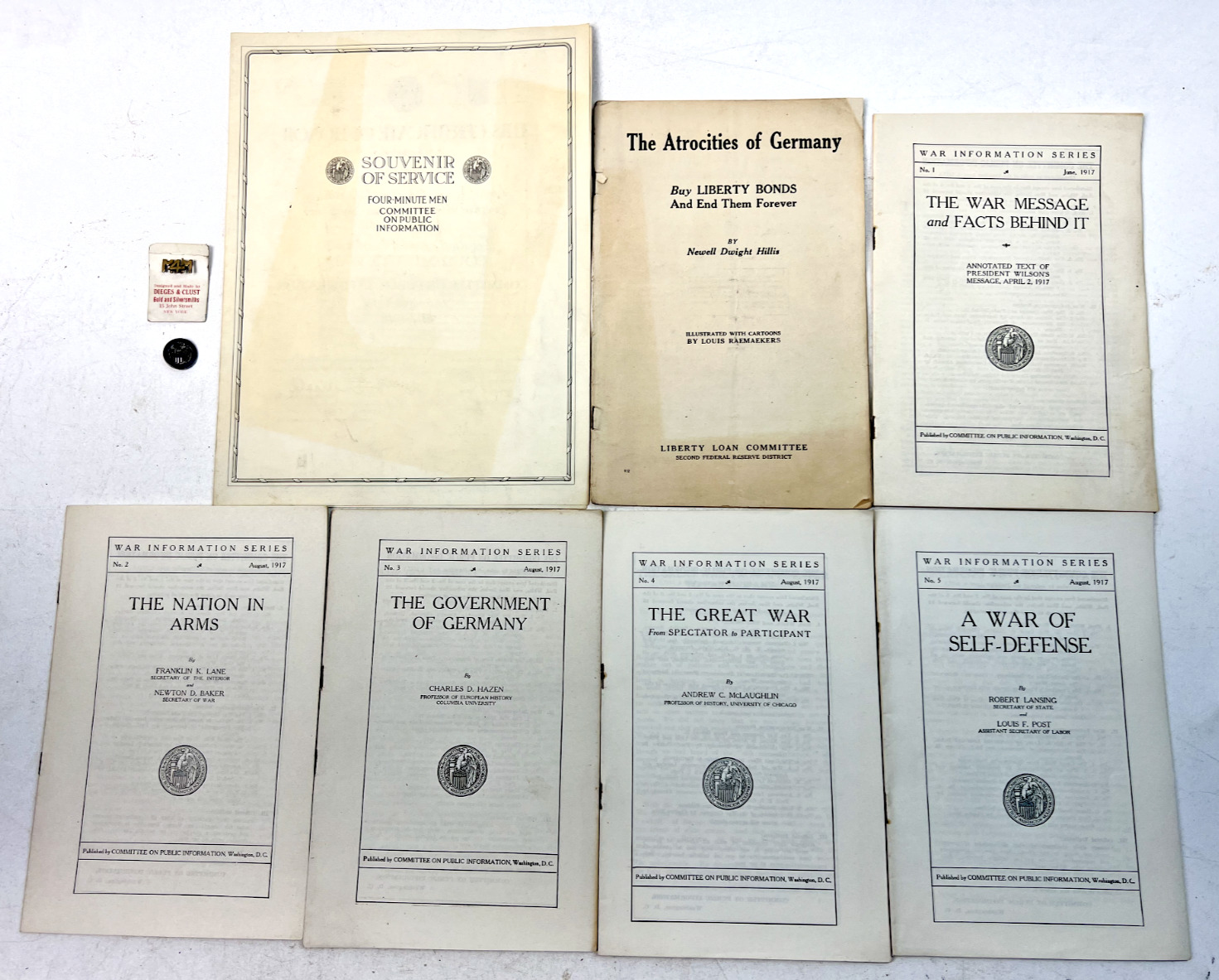 Antique WWI Souvenir of Service, Liberty Bonds Book, & War Information Series