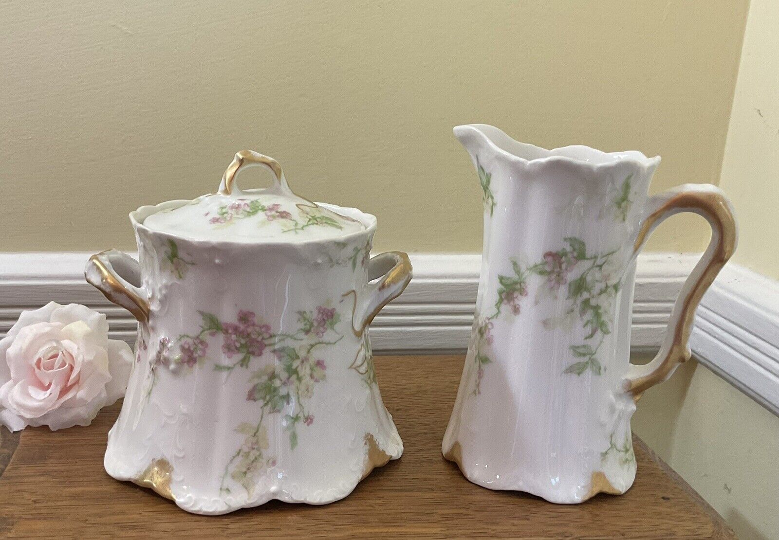 Antique c.1903 Theodore Haviland Sugar Bowl & Creamer with Pink Forget-Me-Nots