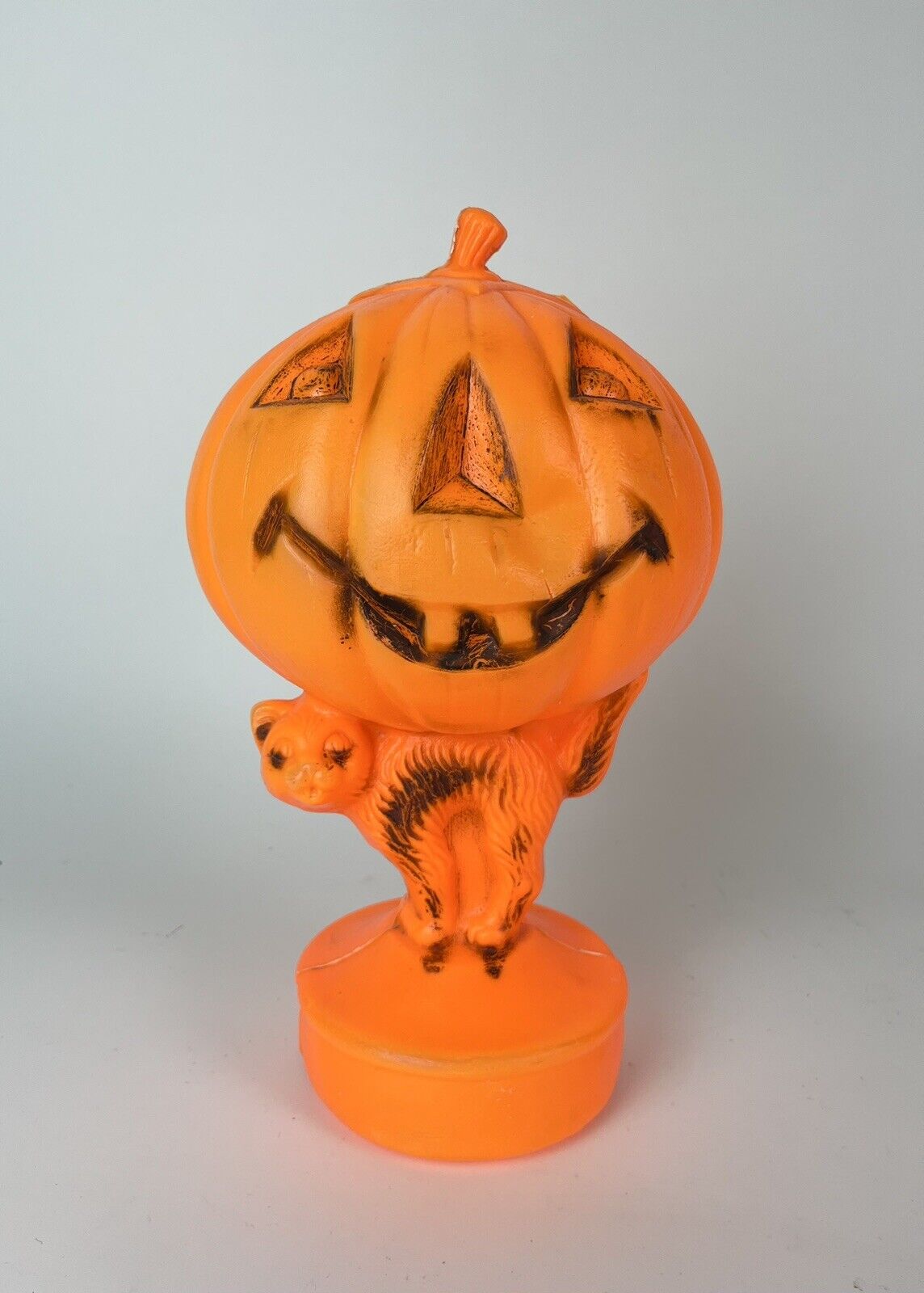 Vintage Halloween Blow Mold Pumpkin with Cat Jack o Lantern Decor