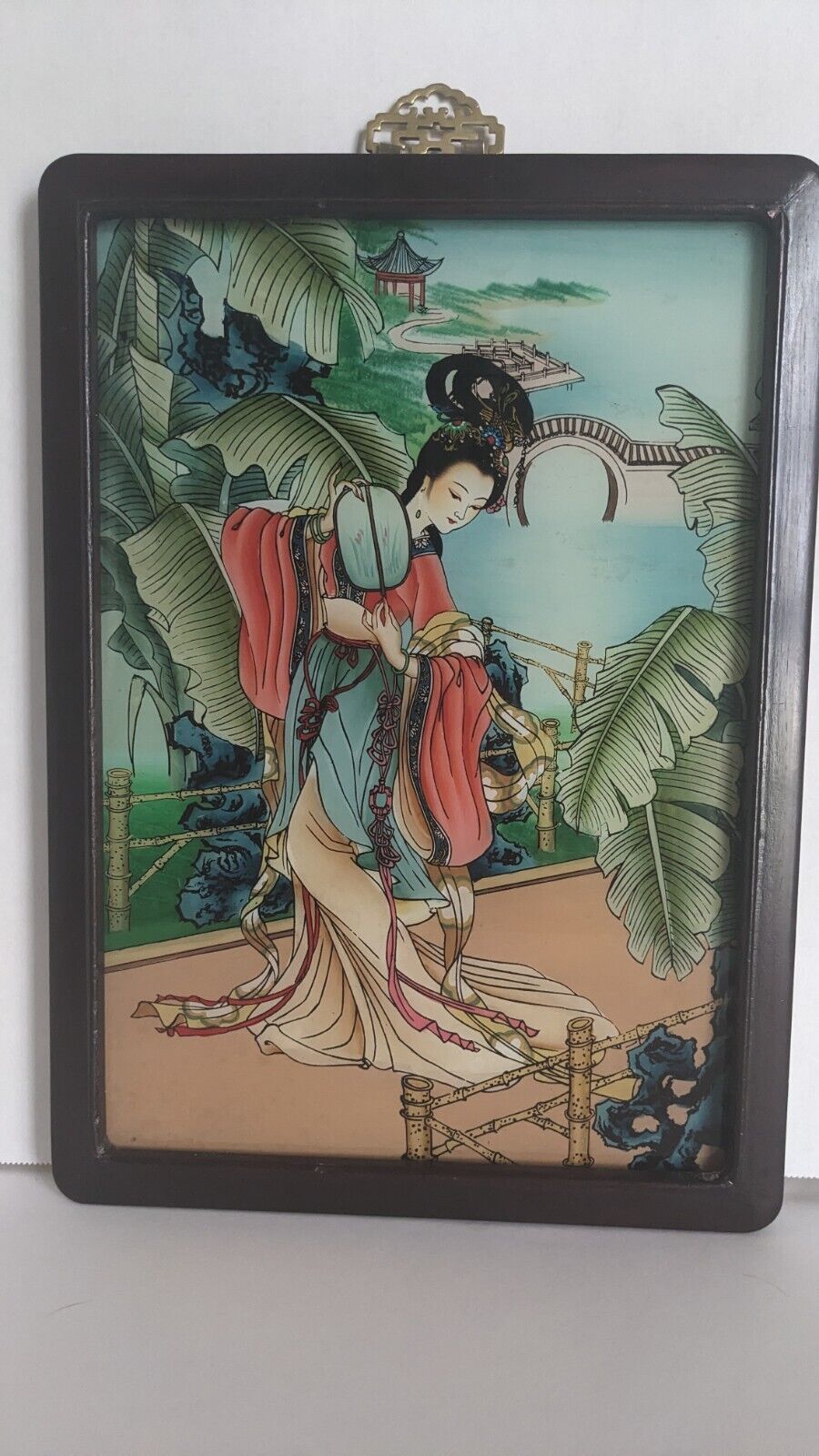 Meiji Era Japanese Geisha Girl Reverse Painting,  Vintage Framed 10.5\